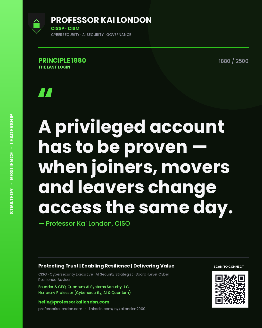 Quote card by Professor Kai London reading 'A privileged account has to be proven — when joiners, movers and leavers change access the same day.'. From the book The Last Login.