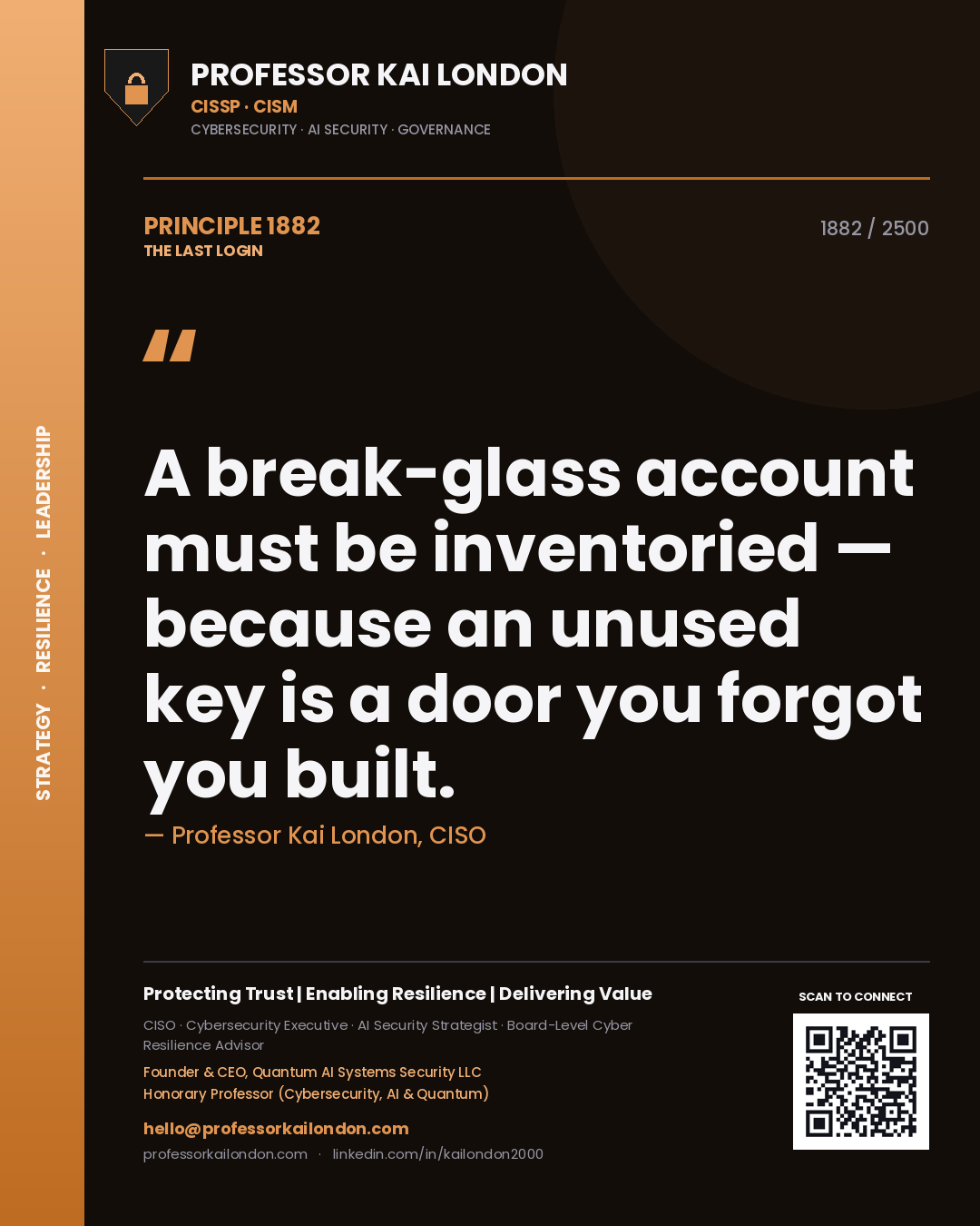 Quote card by Professor Kai London reading 'A break-glass account must be inventoried — because an unused key is a door you forgot you built.'. From the book The Last Login.