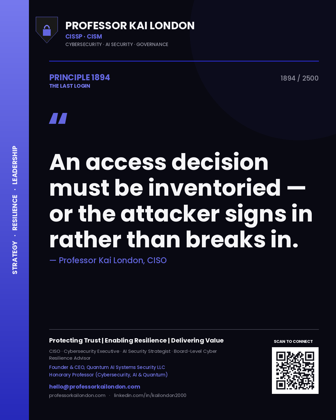 Quote card by Professor Kai London reading 'An access decision must be inventoried — or the attacker signs in rather than breaks in.'. From the book The Last Login.