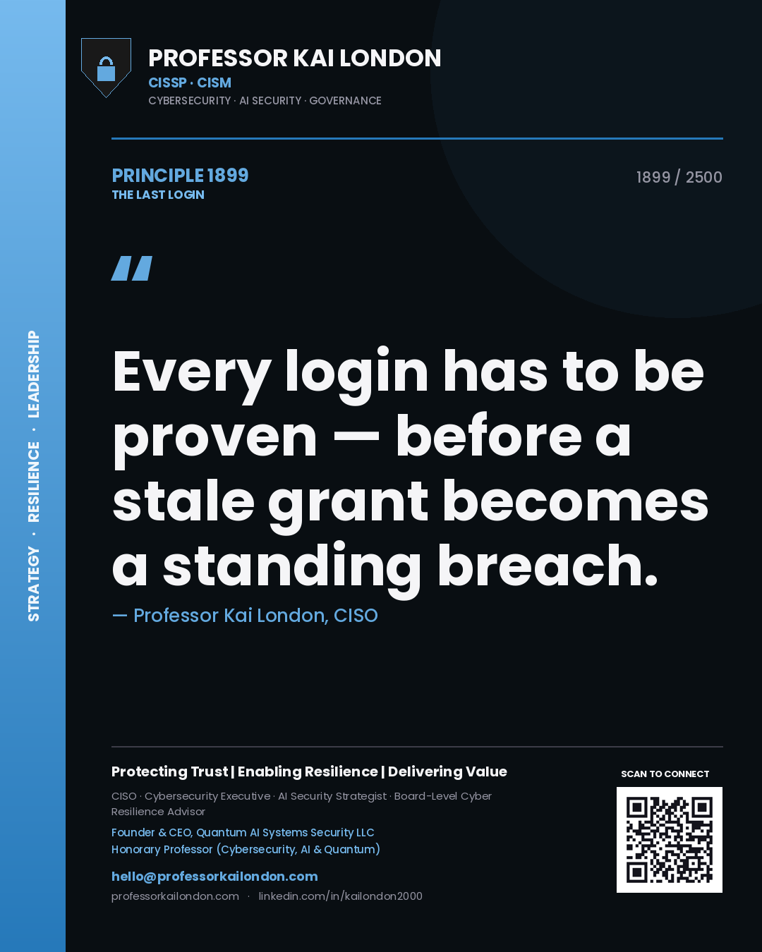 Professor Kai London principle 1899: Every login has to be proven — before a stale grant becomes a standing breach.