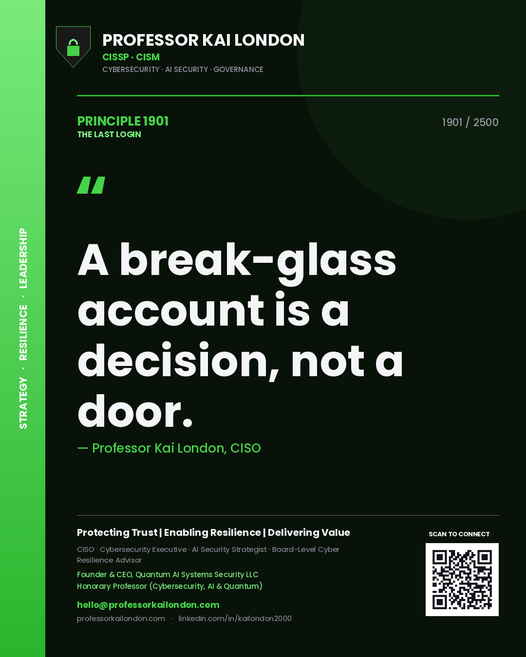 Professor Kai London principle 1901: A break-glass account is a decision, not a door.