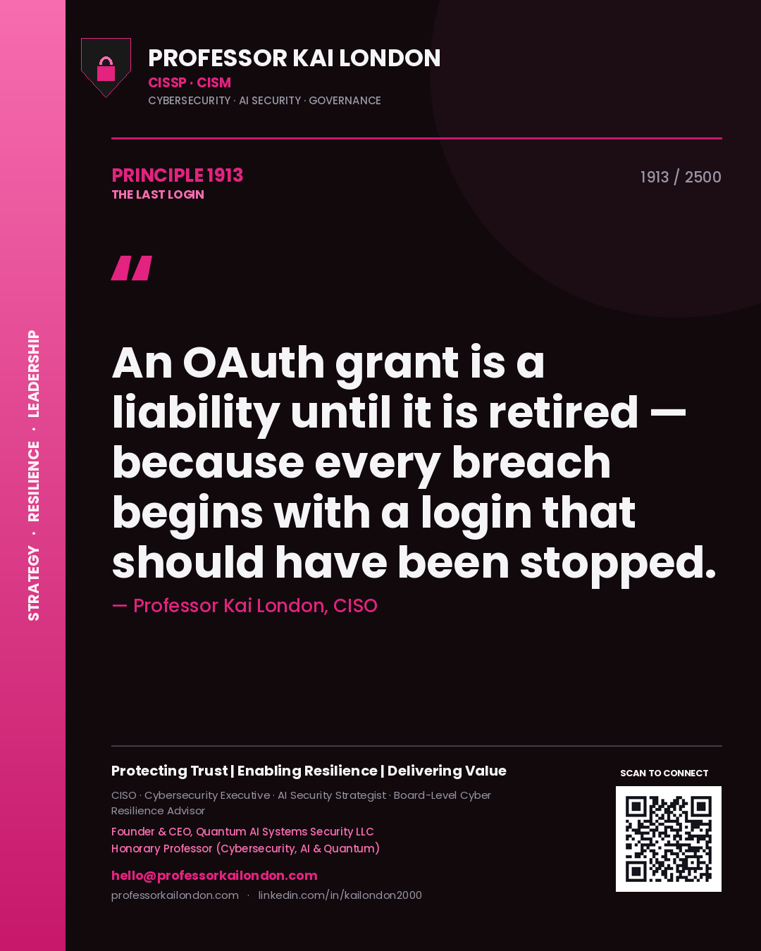 Quote card by Professor Kai London reading 'An OAuth grant is a liability until it is retired — because every breach begins with a login that should have been stopped.'. From the book The Last Login.