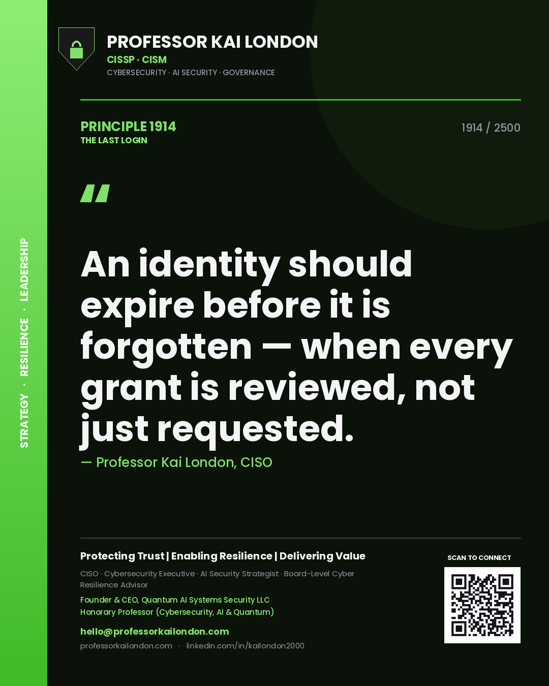 Quote card by Professor Kai London reading 'An identity should expire before it is forgotten — when every grant is reviewed, not just requested.'. From the book The Last Login.