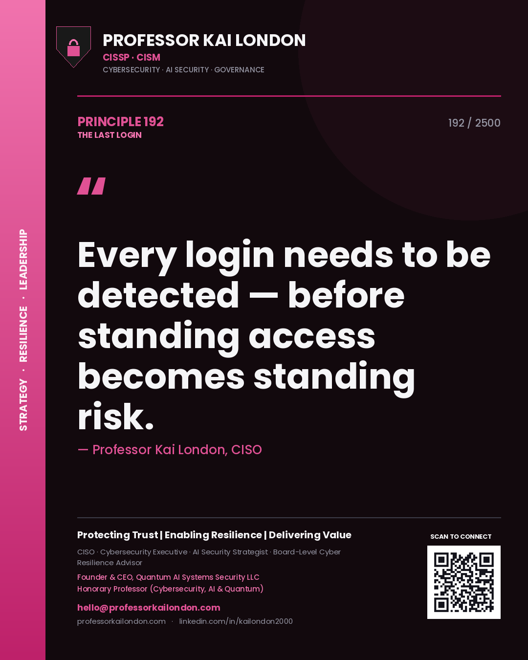 Quote card by Professor Kai London reading 'Every login needs to be detected — before standing access becomes standing risk.'. From the book The Last Login.