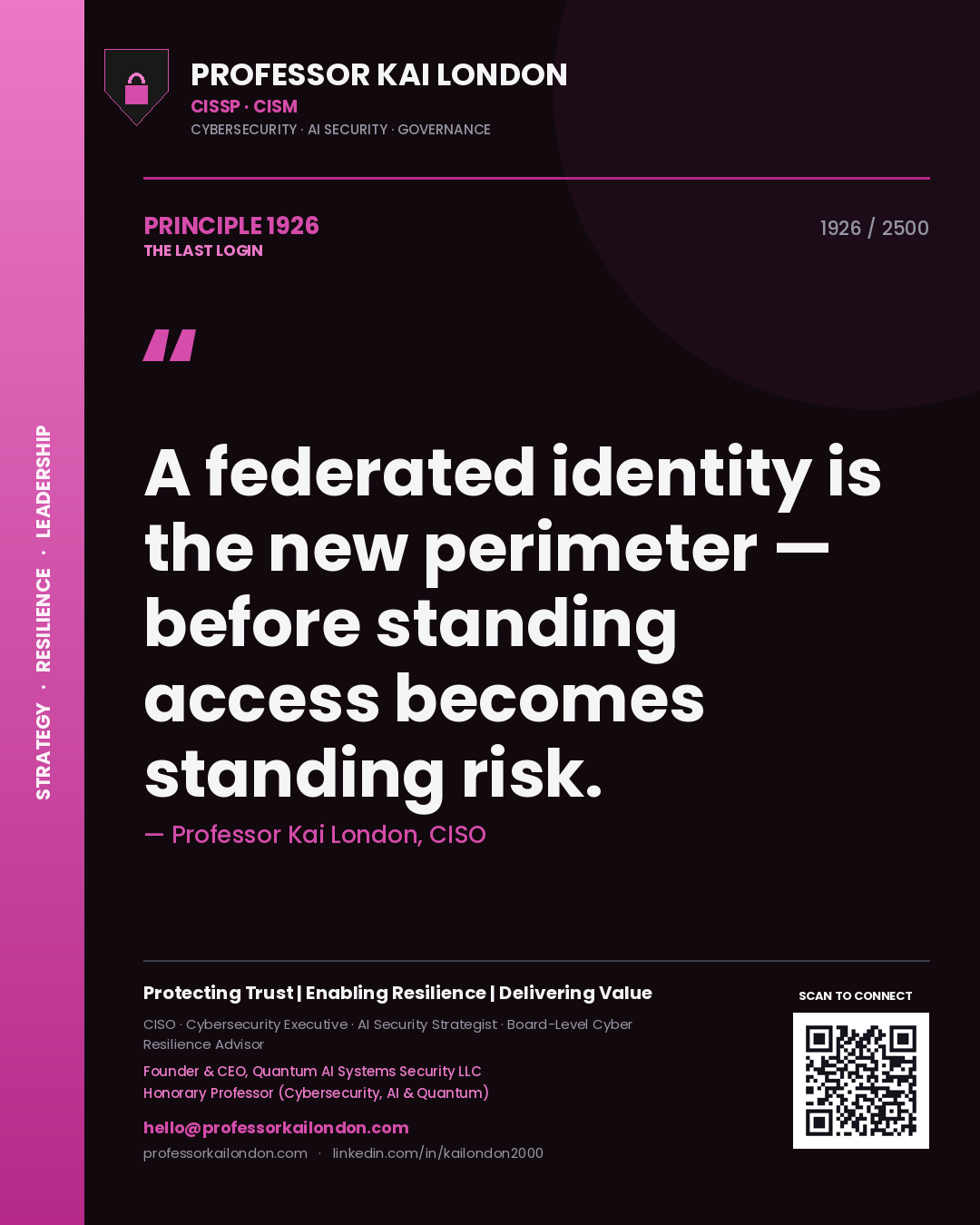 Quote card by Professor Kai London reading 'A federated identity is the new perimeter — before standing access becomes standing risk.'. From the book The Last Login.