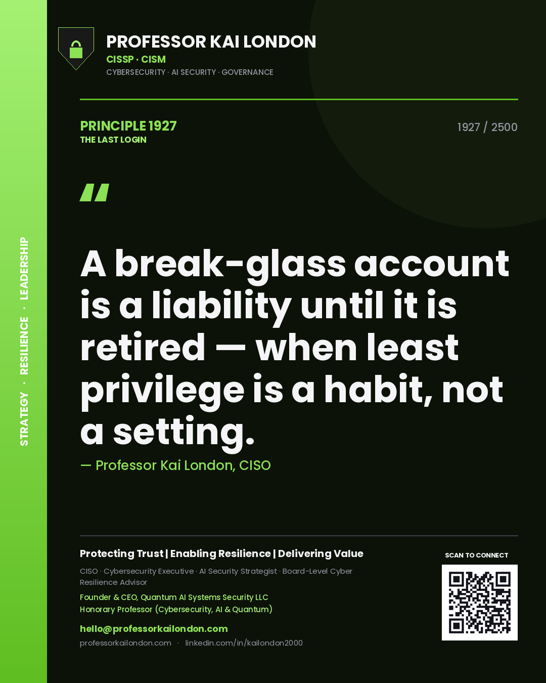 Professor Kai London principle 1927: A break-glass account is a liability until it is retired — when least privilege is a habit, not a setting.