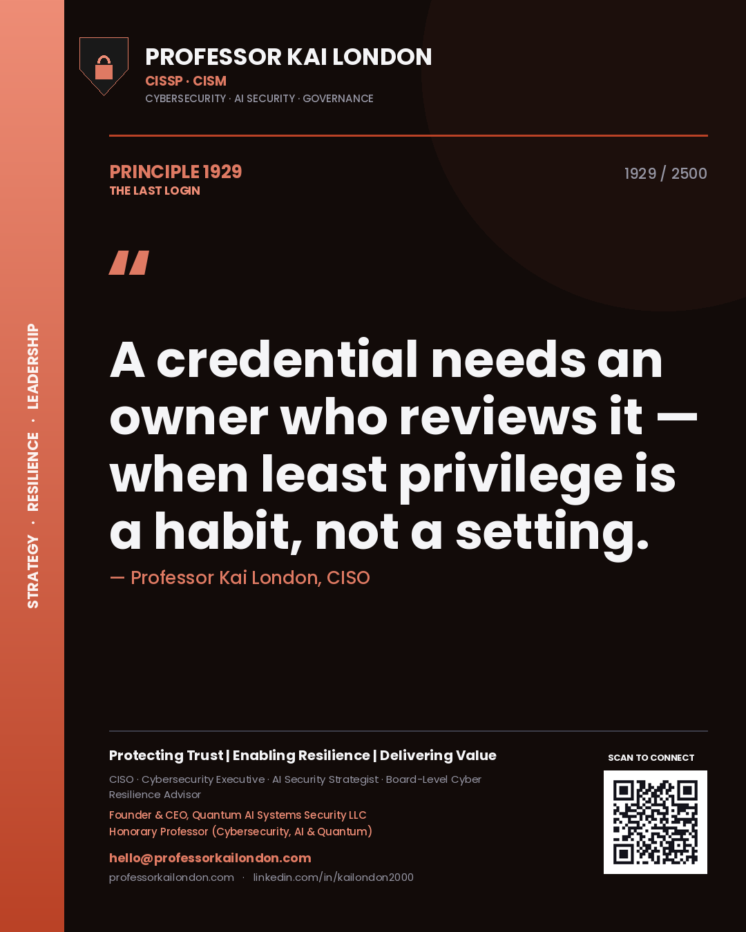 Professor Kai London principle 1929: A credential needs an owner who reviews it — when least privilege is a habit, not a setting.