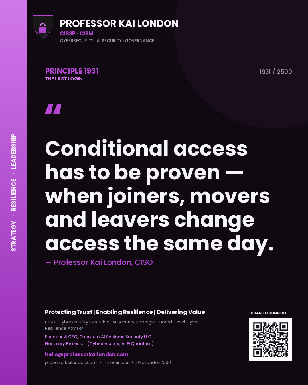 Professor Kai London principle 1931: Conditional access has to be proven — when joiners, movers and leavers change access the same day.