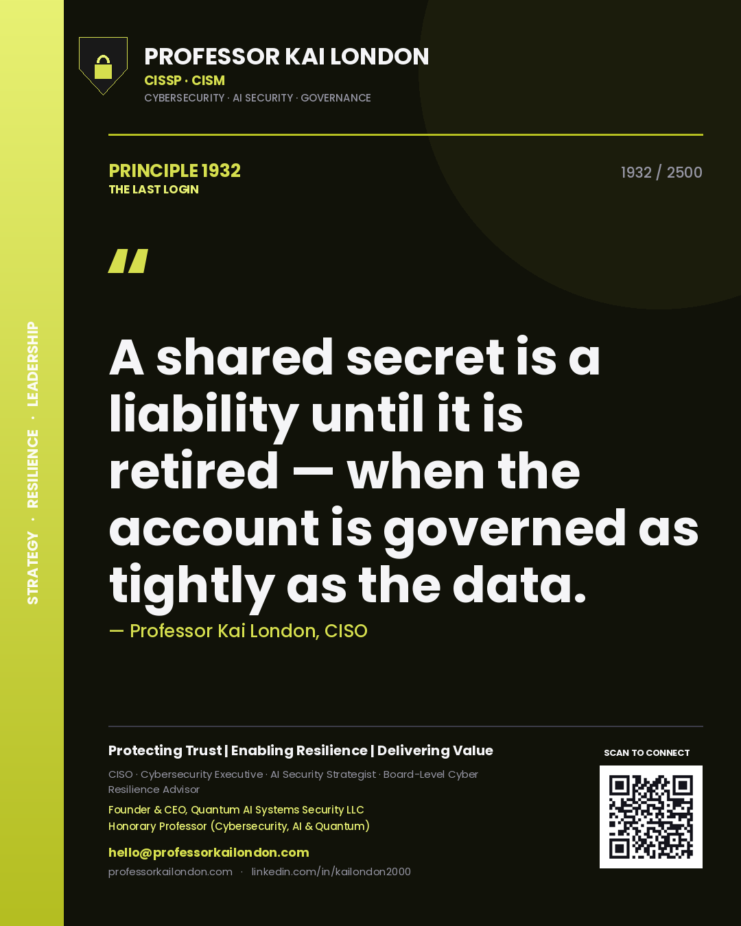 Professor Kai London principle 1932: A shared secret is a liability until it is retired — when the account is governed as tightly as the data.