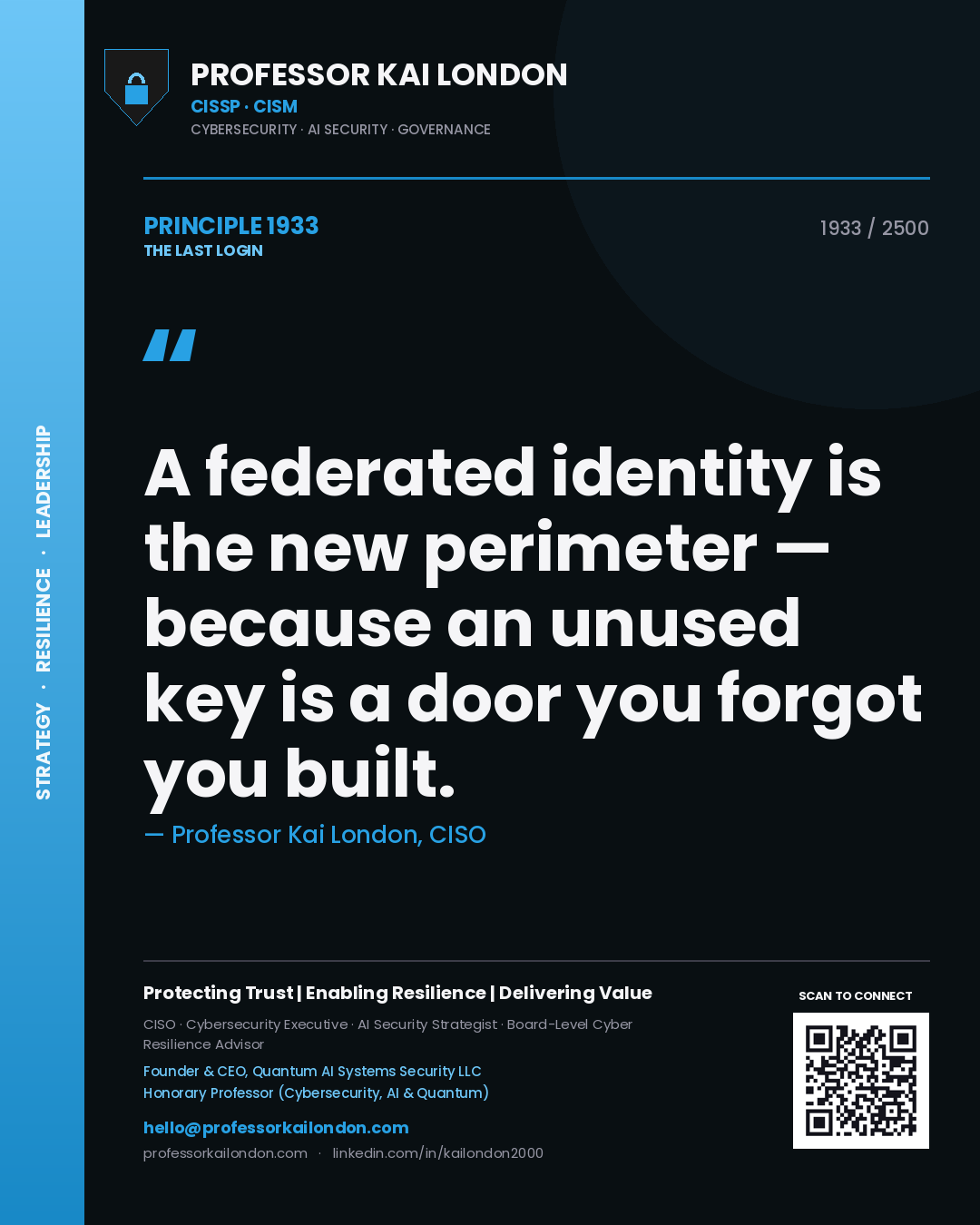 Professor Kai London principle 1933: A federated identity is the new perimeter — because an unused key is a door you forgot you built.