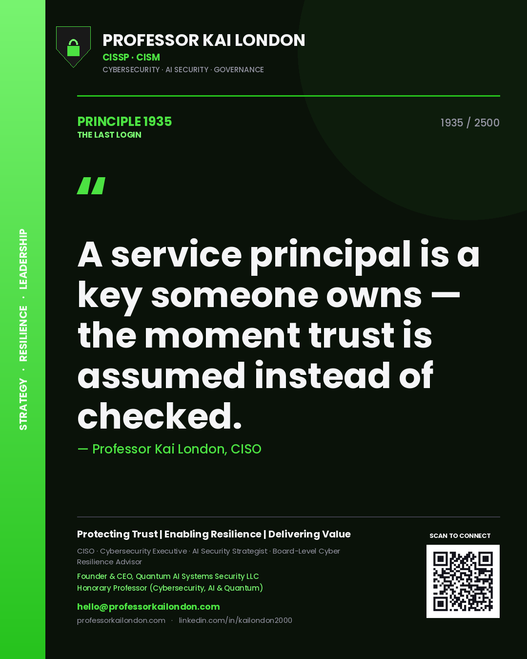 Quote card by Professor Kai London reading 'A service principal is a key someone owns — the moment trust is assumed instead of checked.'. From the book The Last Login.