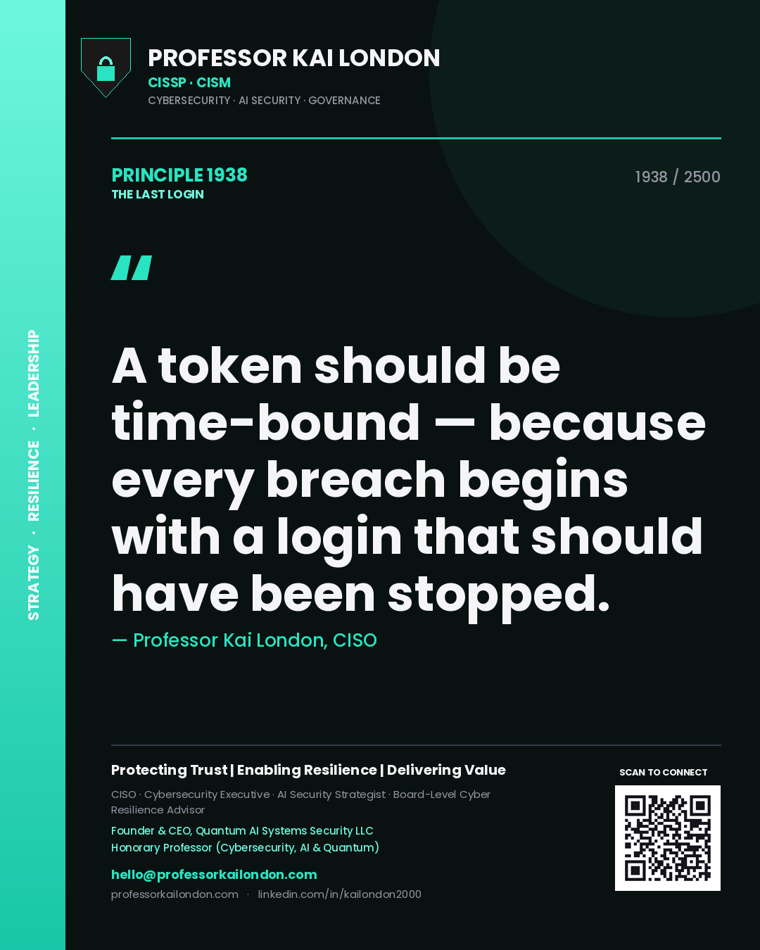 Professor Kai London principle 1938: A token should be time-bound — because every breach begins with a login that should have been stopped.