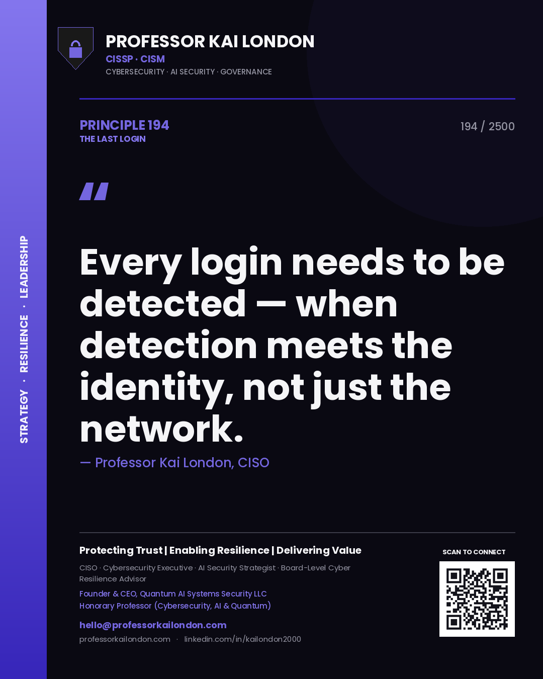 Quote card by Professor Kai London reading 'Every login needs to be detected — when detection meets the identity, not just the network.'. From the book The Last Login.