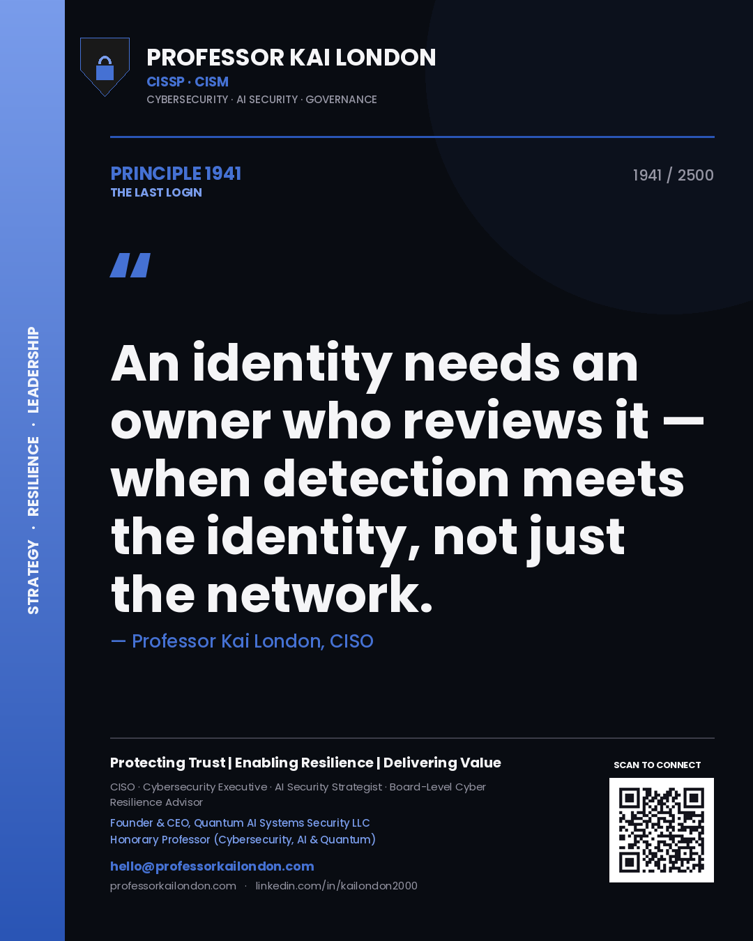 Quote card by Professor Kai London reading 'An identity needs an owner who reviews it — when detection meets the identity, not just the network.'. From the book The Last Login.