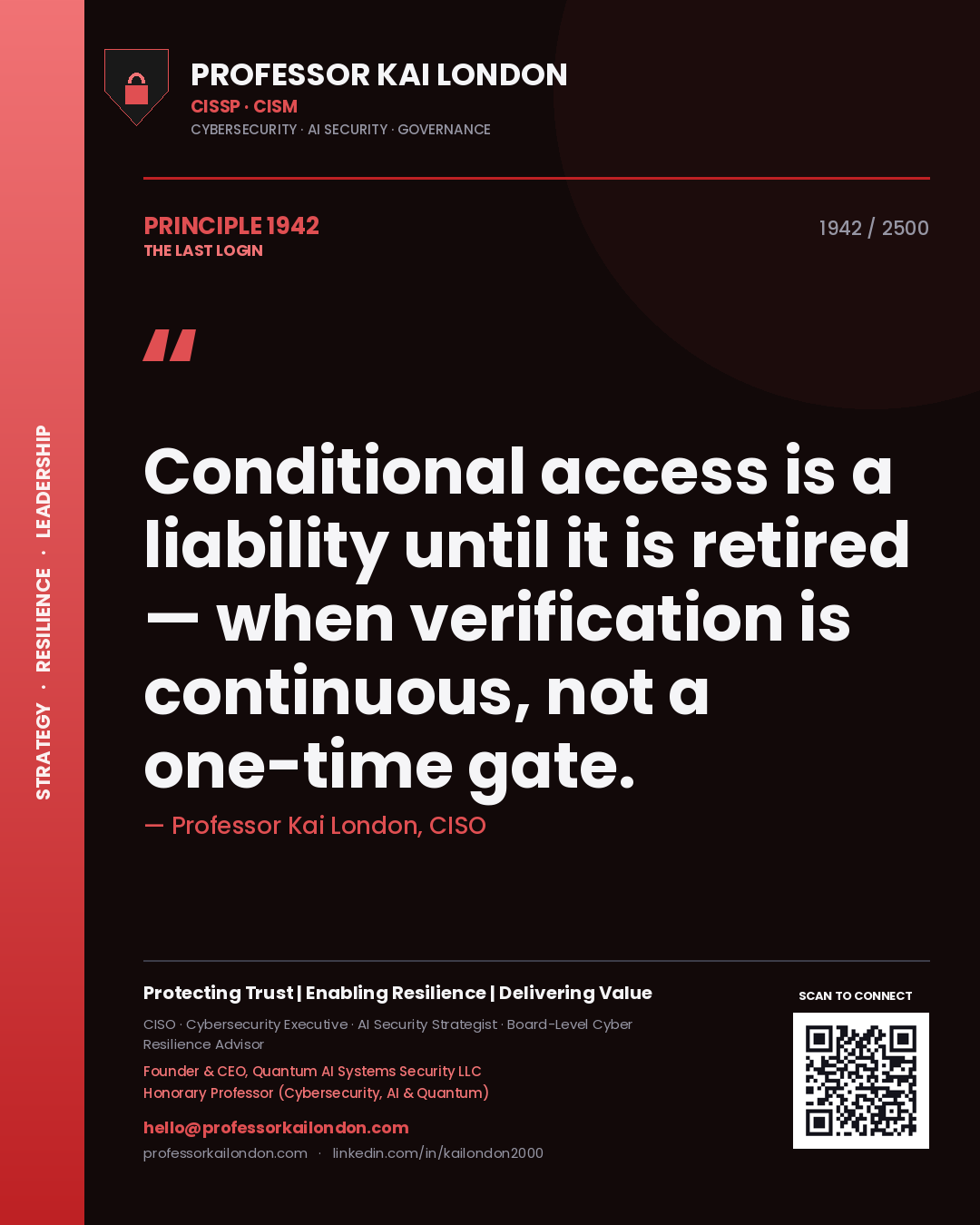 Professor Kai London principle 1942: Conditional access is a liability until it is retired — when verification is continuous, not a one-time gate.