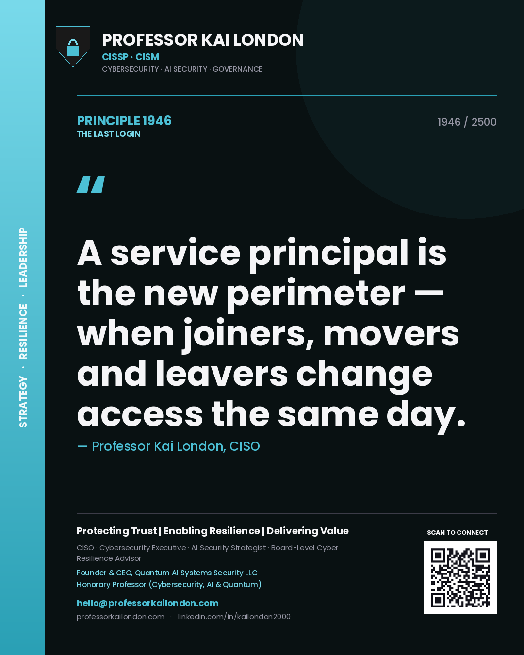 Professor Kai London principle 1946: A service principal is the new perimeter — when joiners, movers and leavers change access the same day.
