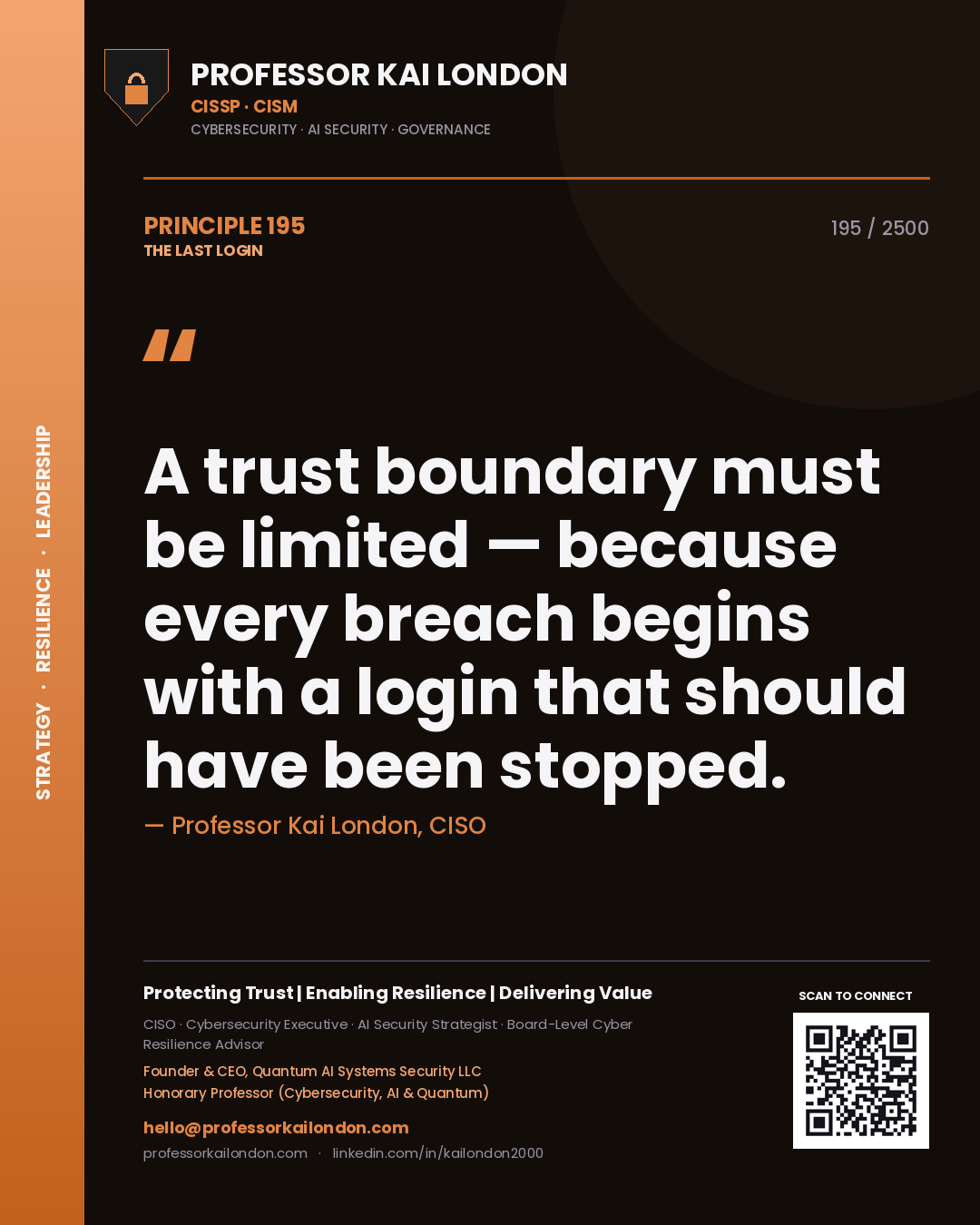Quote card by Professor Kai London reading 'A trust boundary must be limited — because every breach begins with a login that should have been stopped.'. From the book The Last Login.
