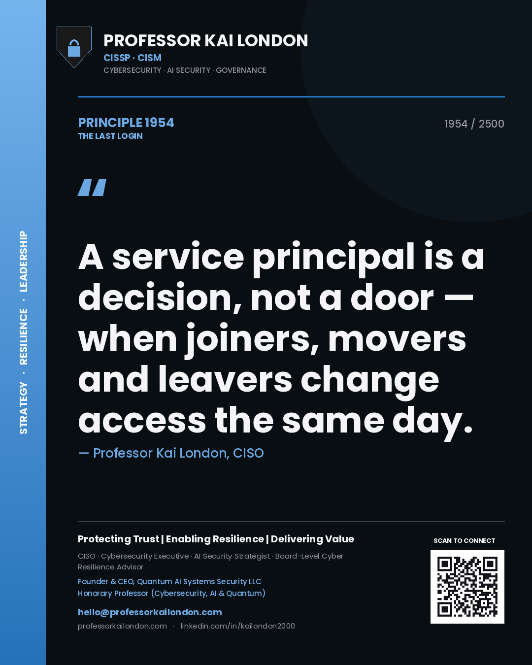 Professor Kai London principle 1954: A service principal is a decision, not a door — when joiners, movers and leavers change access the same day.