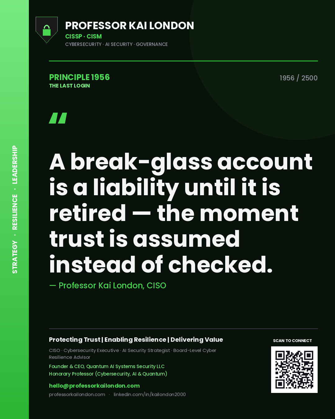 Professor Kai London principle 1956: A break-glass account is a liability until it is retired — the moment trust is assumed instead of checked.