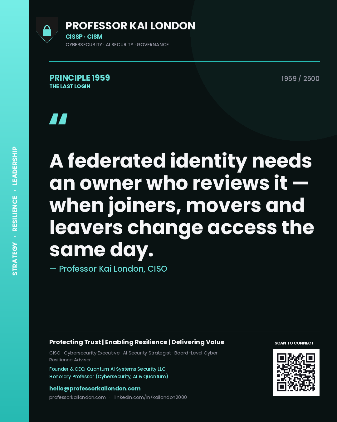 Professor Kai London principle 1959: A federated identity needs an owner who reviews it — when joiners, movers and leavers change access the same day.