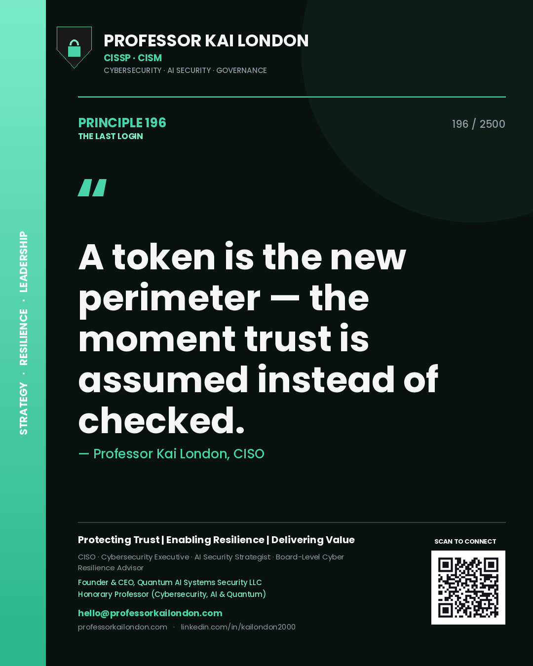 Quote card by Professor Kai London reading 'A token is the new perimeter — the moment trust is assumed instead of checked.'. From the book The Last Login.