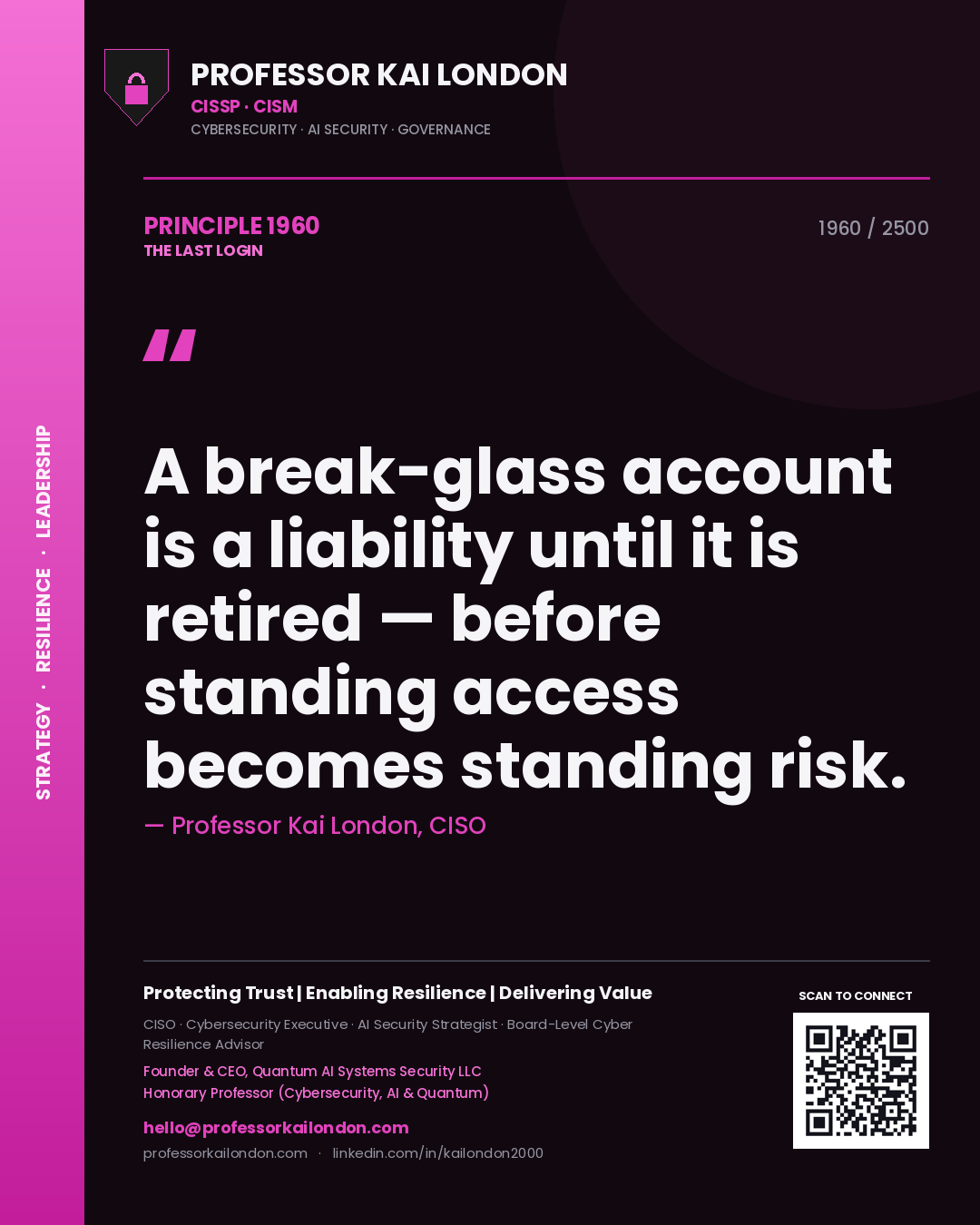 Professor Kai London principle 1960: A break-glass account is a liability until it is retired — before standing access becomes standing risk.