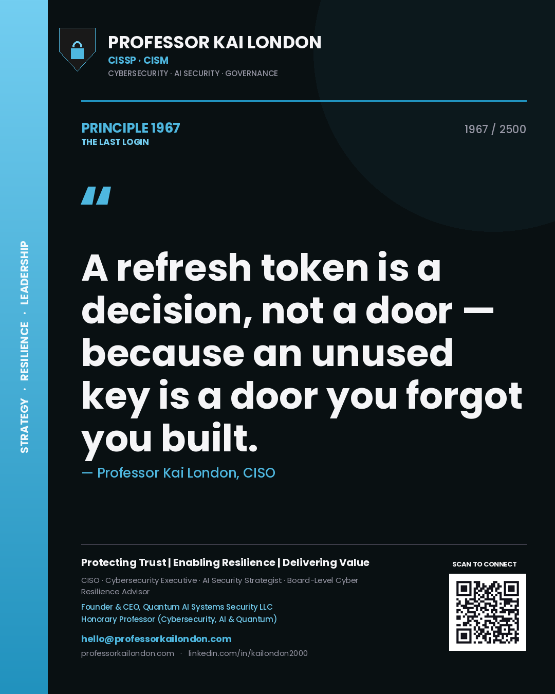 Quote card by Professor Kai London reading 'A refresh token is a decision, not a door — because an unused key is a door you forgot you built.'. From the book The Last Login.
