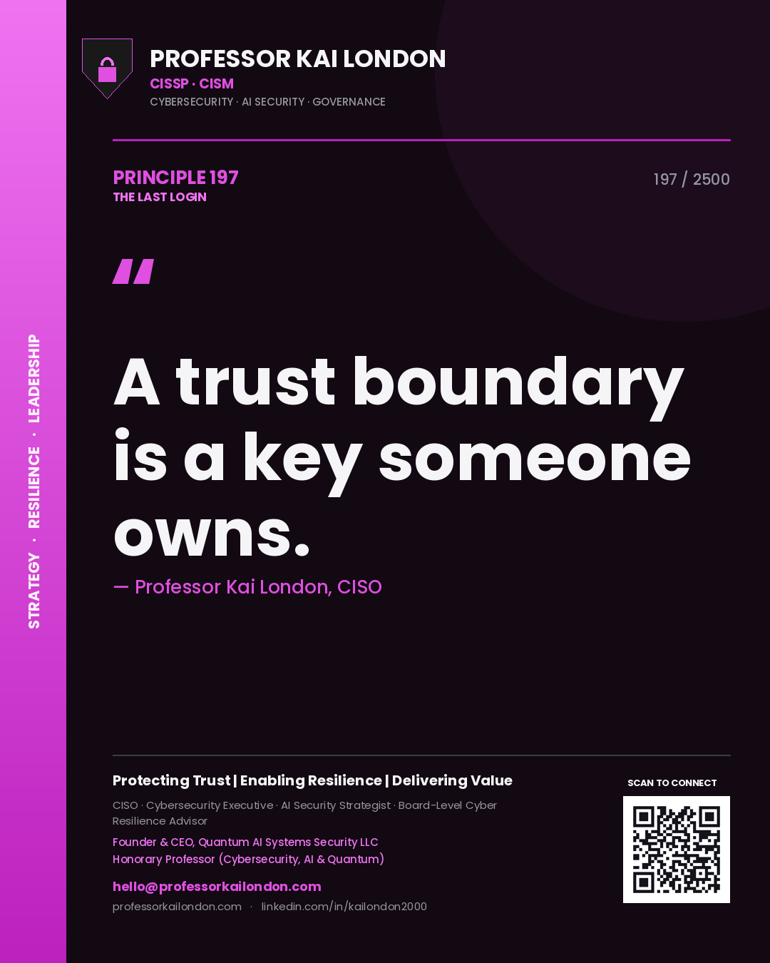 Quote card by Professor Kai London reading 'A trust boundary is a key someone owns.'. From the book The Last Login.