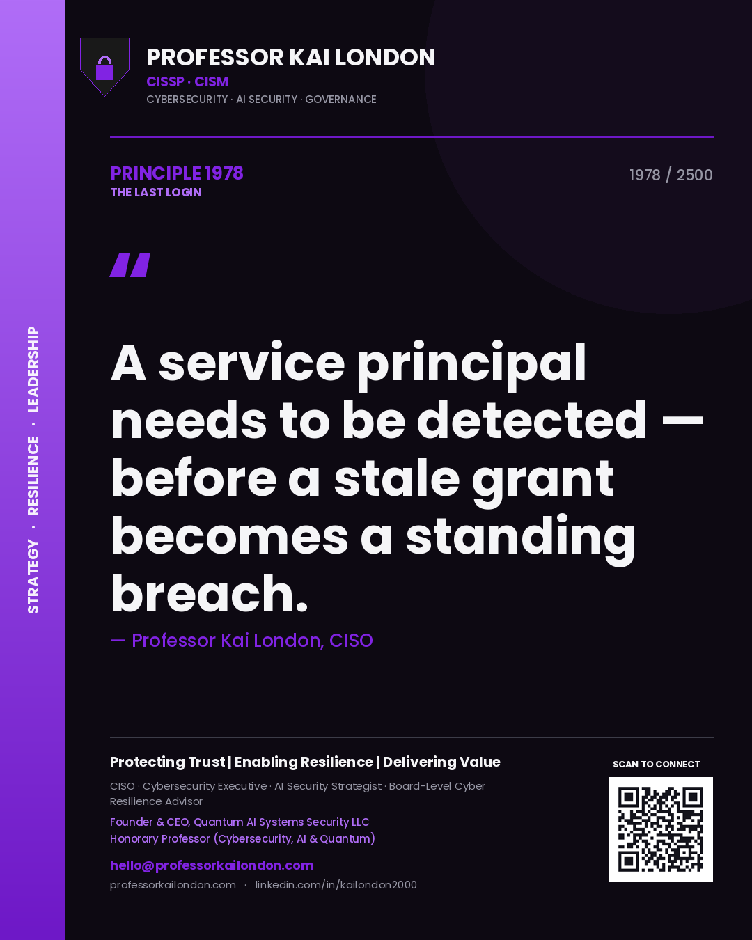 Quote card by Professor Kai London reading 'A service principal needs to be detected — before a stale grant becomes a standing breach.'. From the book The Last Login.