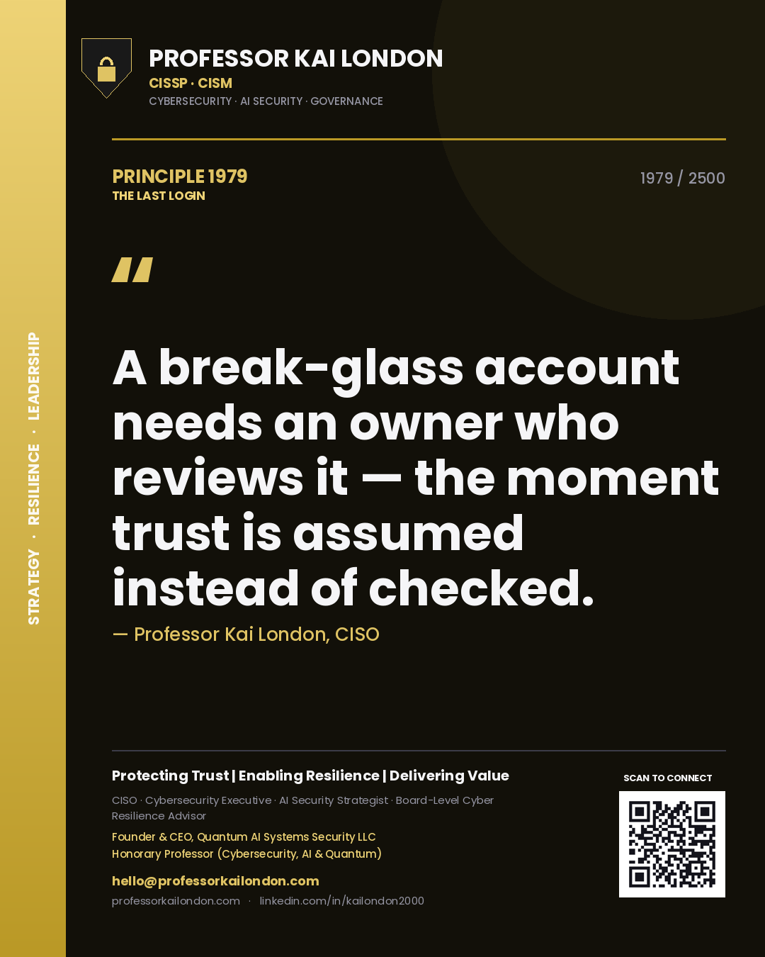 Quote card by Professor Kai London reading 'A break-glass account needs an owner who reviews it — the moment trust is assumed instead of checked.'. From the book The Last Login.