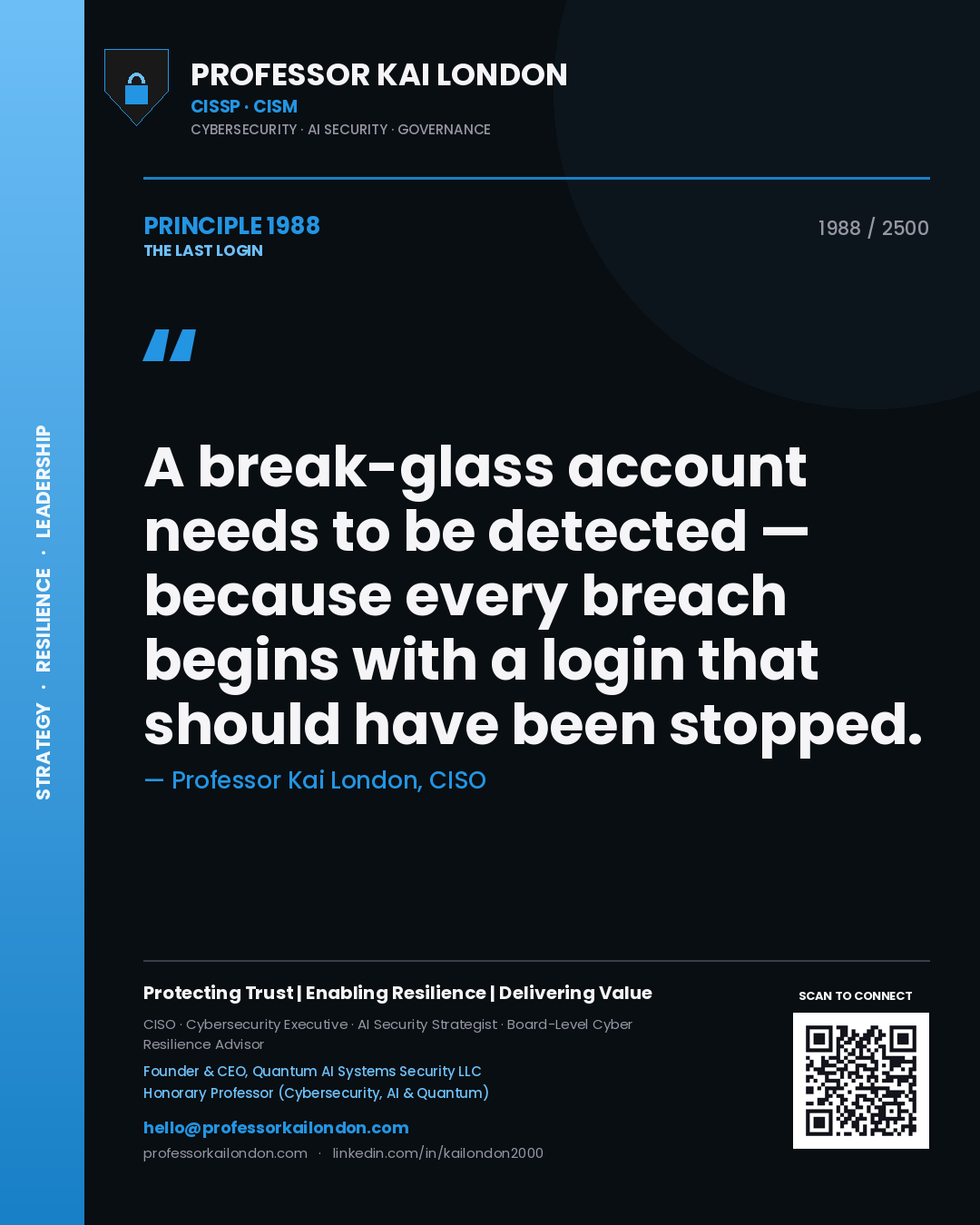 Professor Kai London principle 1988: A break-glass account needs to be detected — because every breach begins with a login that should have been stopped.