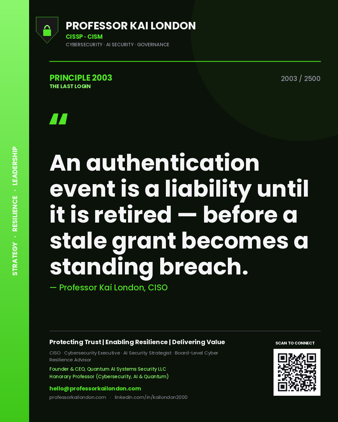 Quote card by Professor Kai London reading 'An authentication event is a liability until it is retired — before a stale grant becomes a standing breach.'. From the book The Last Login.