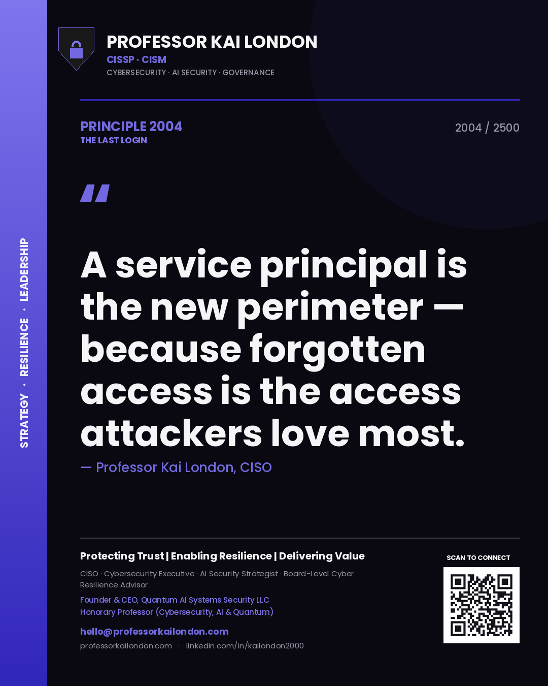 Professor Kai London principle 2004: A service principal is the new perimeter — because forgotten access is the access attackers love most.