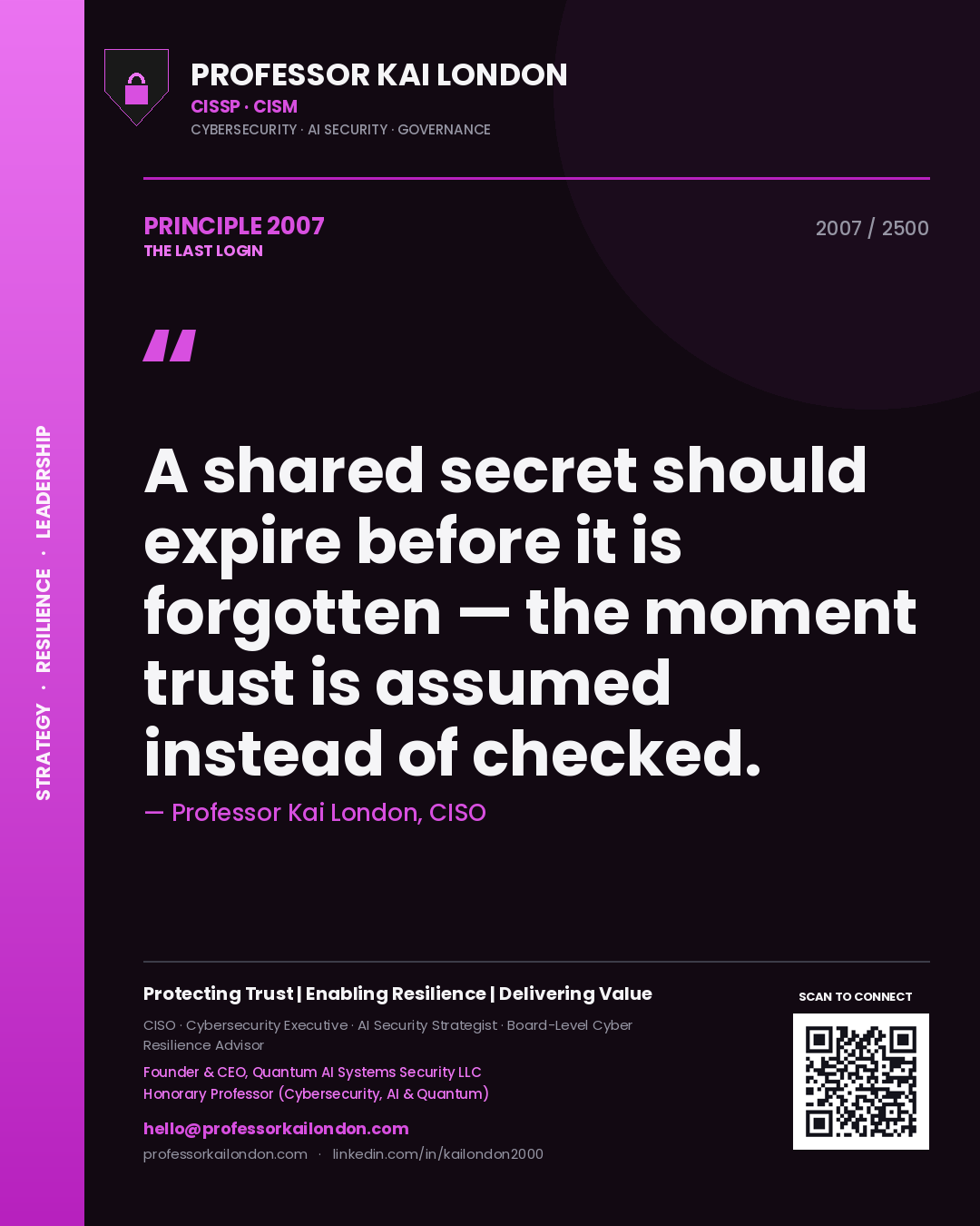 Quote card by Professor Kai London reading 'A shared secret should expire before it is forgotten — the moment trust is assumed instead of checked.'. From the book The Last Login.