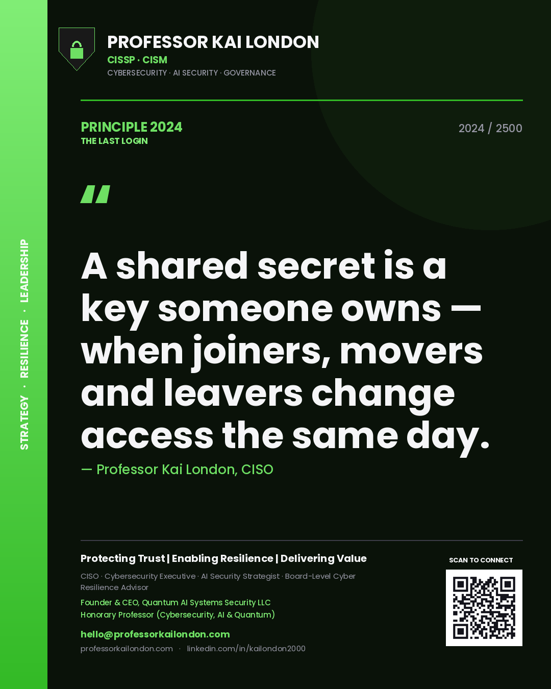Professor Kai London principle 2024: A shared secret is a key someone owns — when joiners, movers and leavers change access the same day.