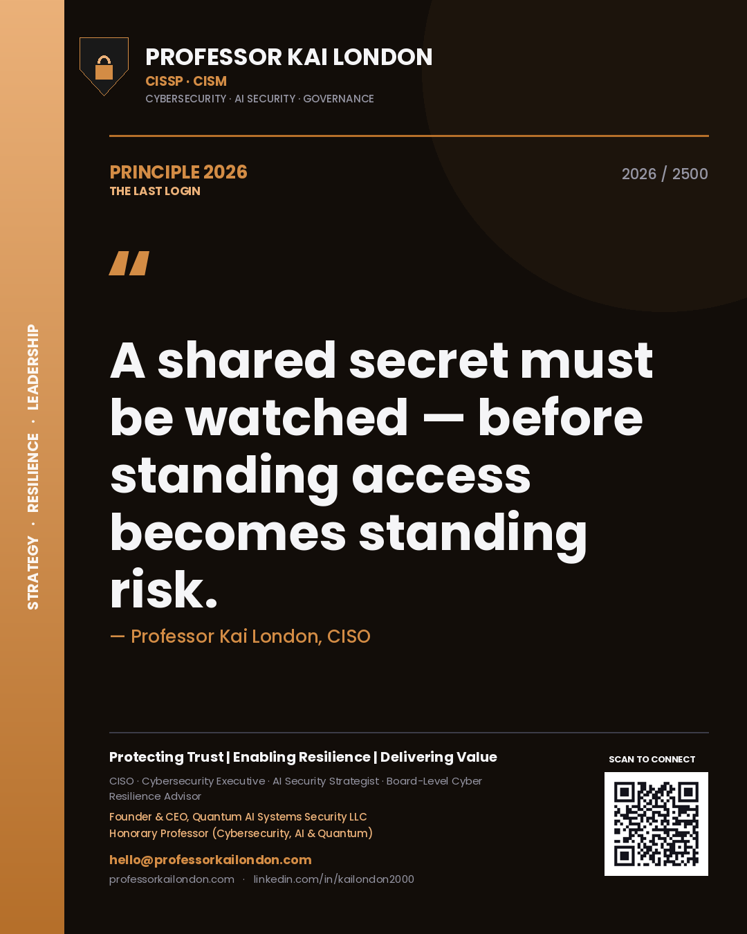 Quote card by Professor Kai London reading 'A shared secret must be watched — before standing access becomes standing risk.'. From the book The Last Login.