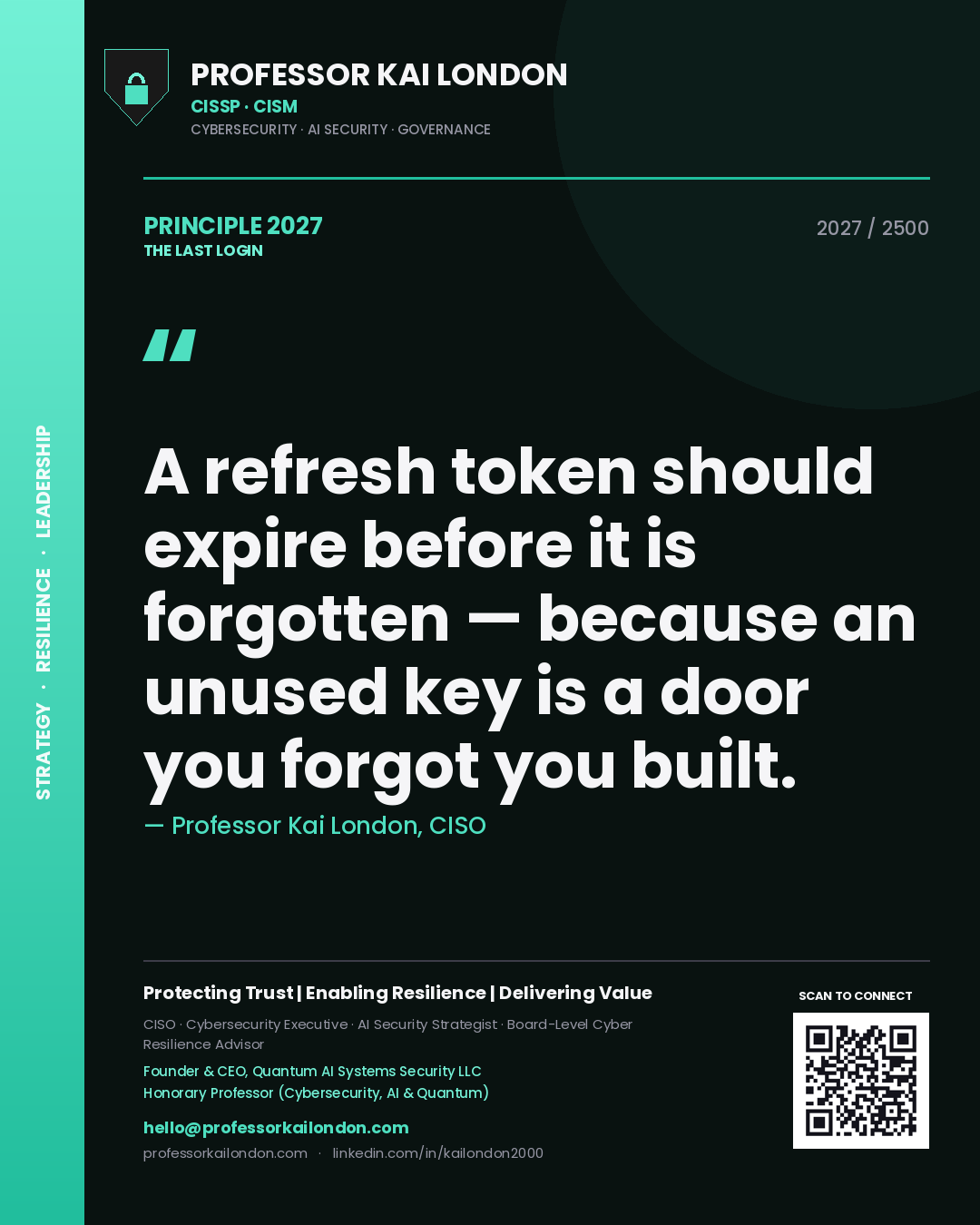Professor Kai London principle 2027: A refresh token should expire before it is forgotten — because an unused key is a door you forgot you built.