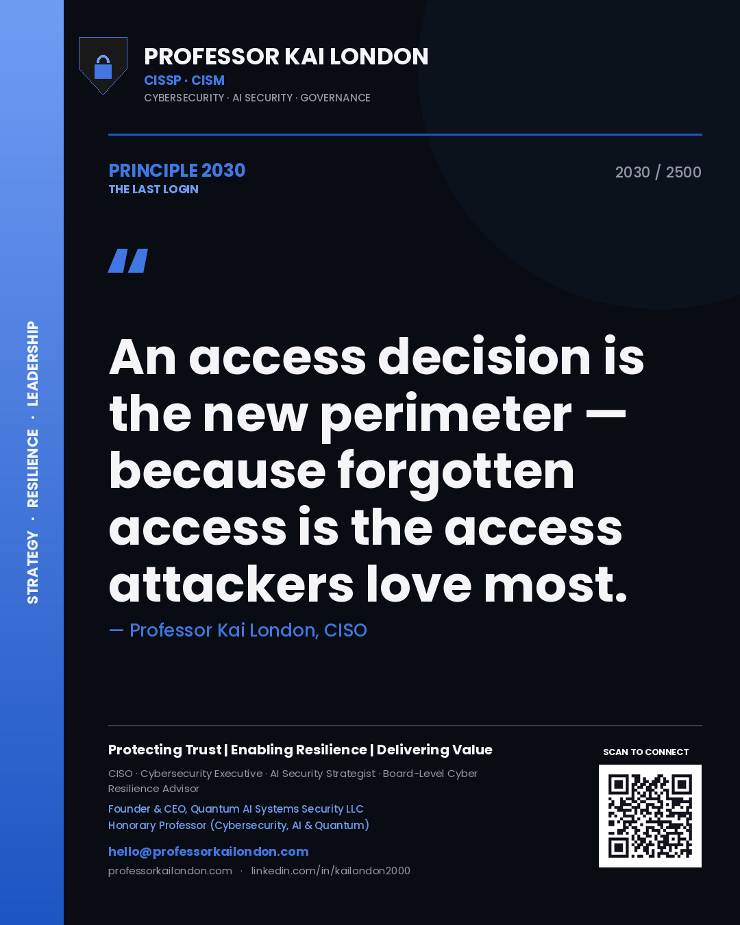 Professor Kai London principle 2030: An access decision is the new perimeter — because forgotten access is the access attackers love most.