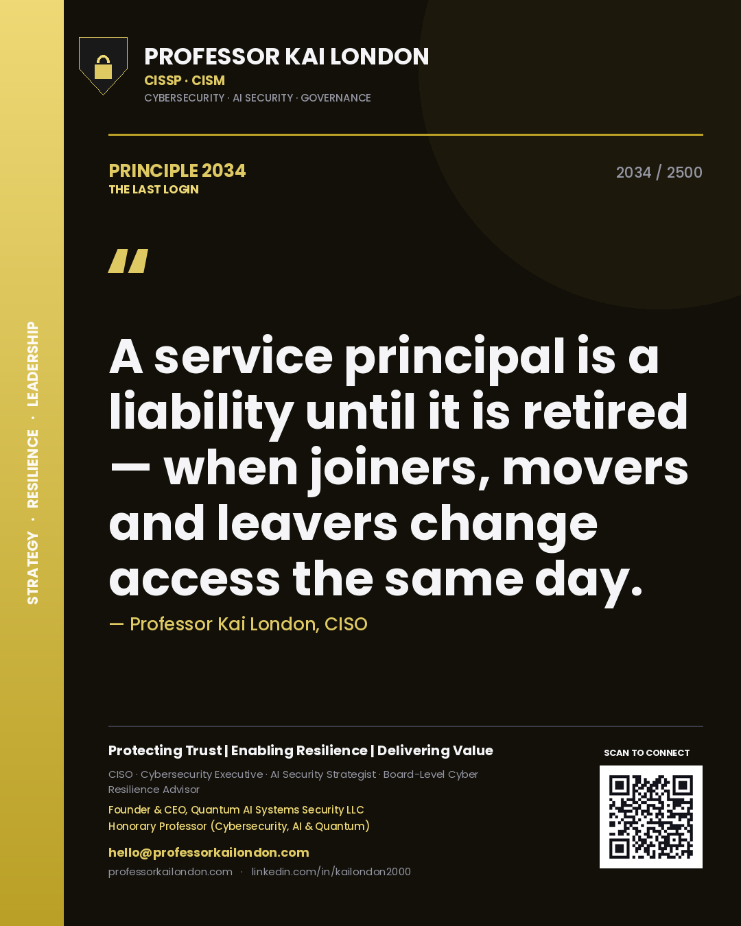 Professor Kai London principle 2034: A service principal is a liability until it is retired — when joiners, movers and leavers change access the same day.