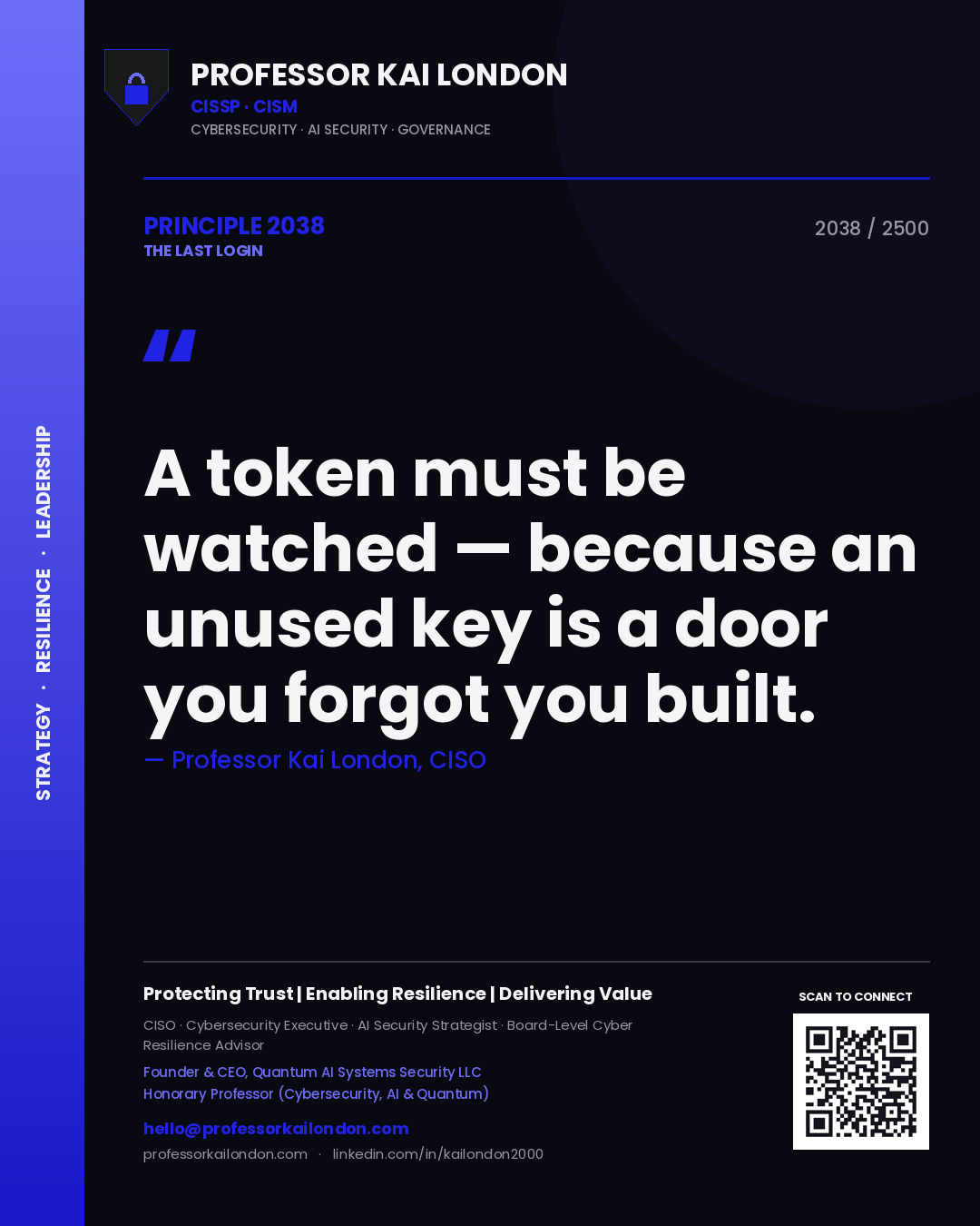 Quote card by Professor Kai London reading 'A token must be watched — because an unused key is a door you forgot you built.'. From the book The Last Login.