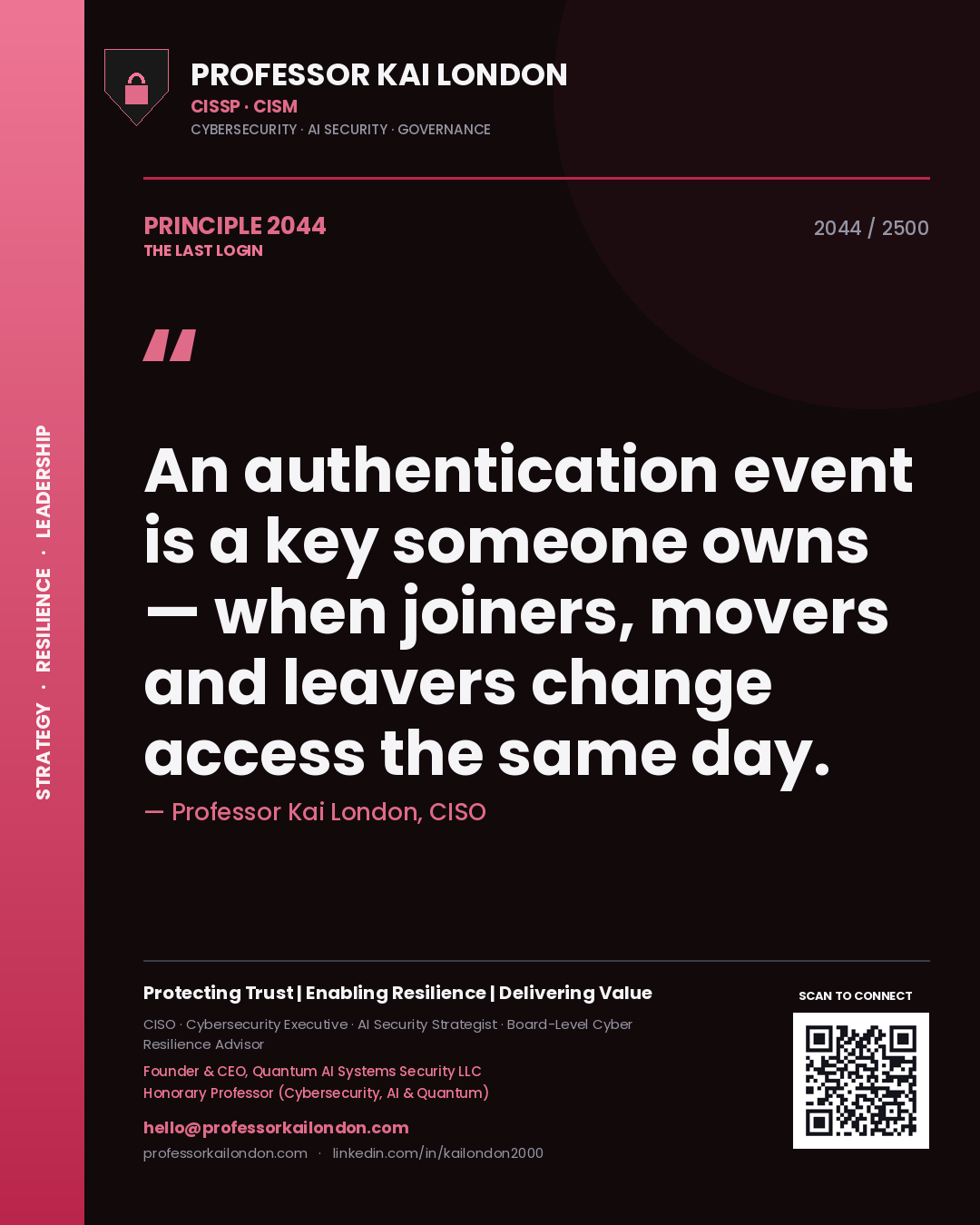 Quote card by Professor Kai London reading 'An authentication event is a key someone owns — when joiners, movers and leavers change access the same day.'. From the book The Last Login.