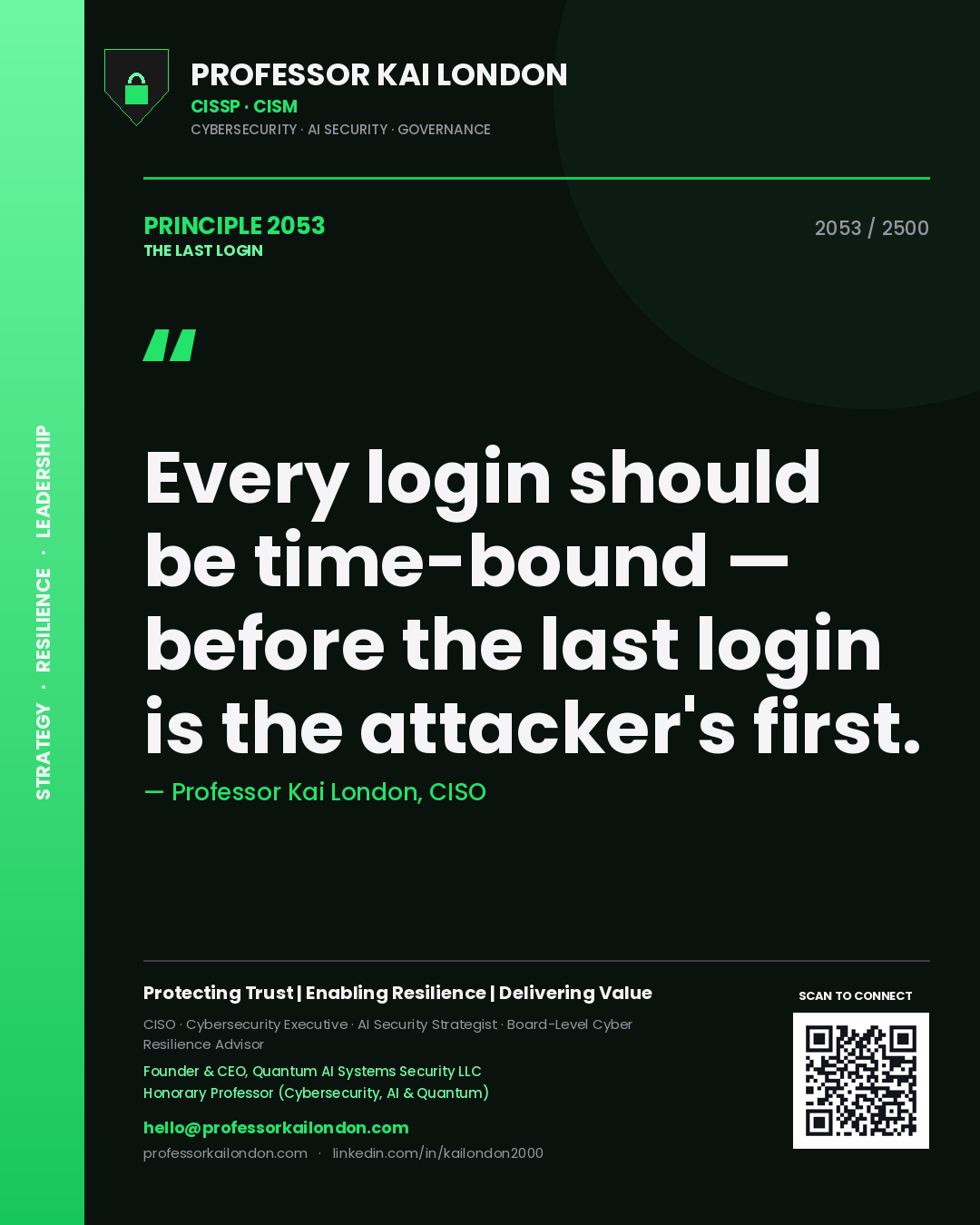 Quote card by Professor Kai London reading 'Every login should be time-bound — before the last login is the attacker's first.'. From the book The Last Login.