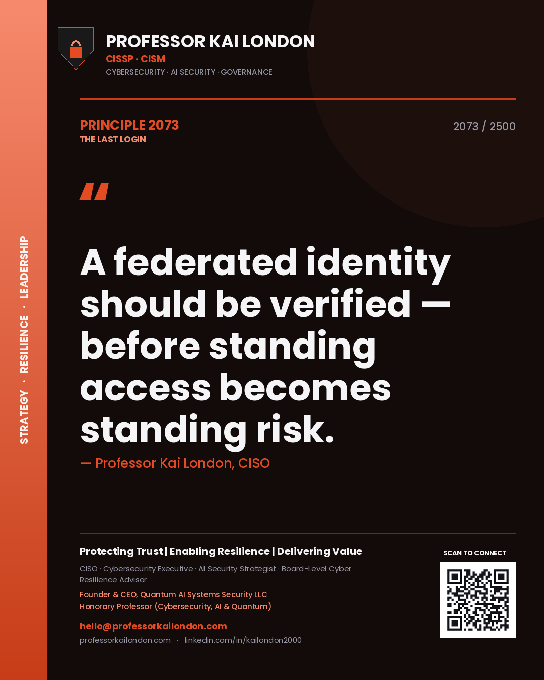 Quote card by Professor Kai London reading 'A federated identity should be verified — before standing access becomes standing risk.'. From the book The Last Login.