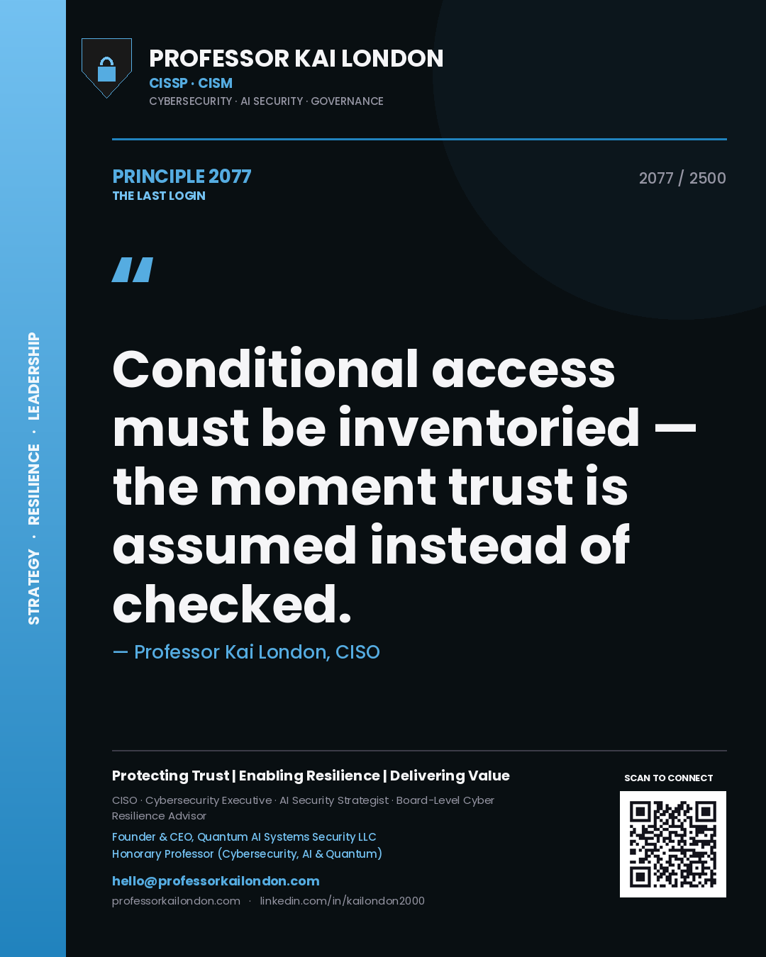 Professor Kai London principle 2077: Conditional access must be inventoried — the moment trust is assumed instead of checked.