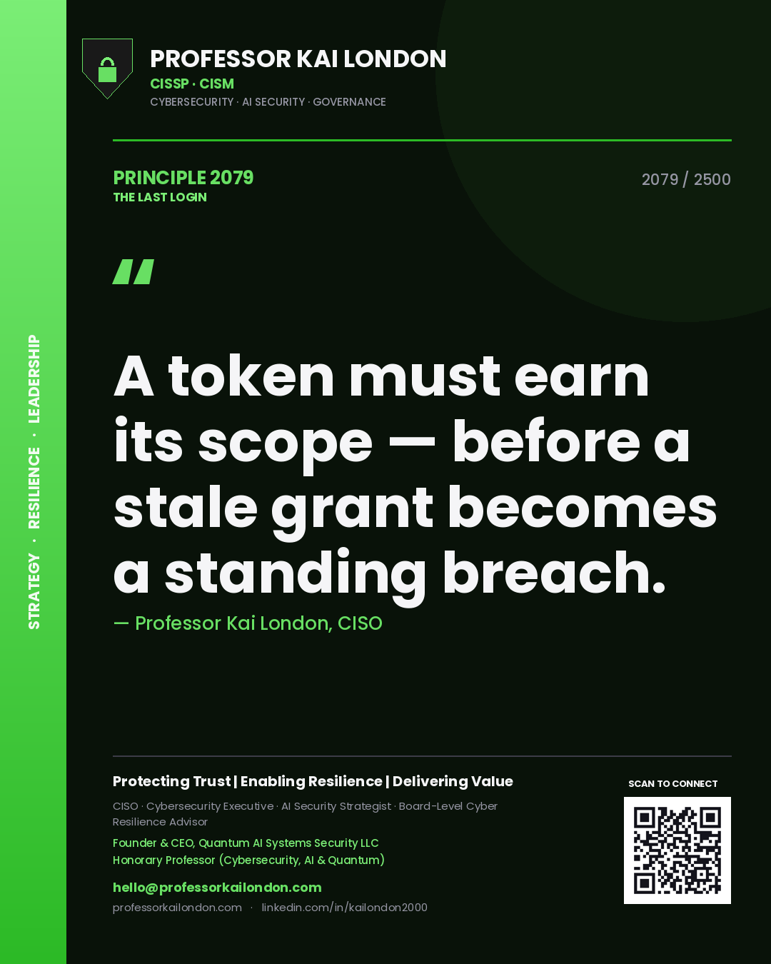 Quote card by Professor Kai London reading 'A token must earn its scope — before a stale grant becomes a standing breach.'. From the book The Last Login.