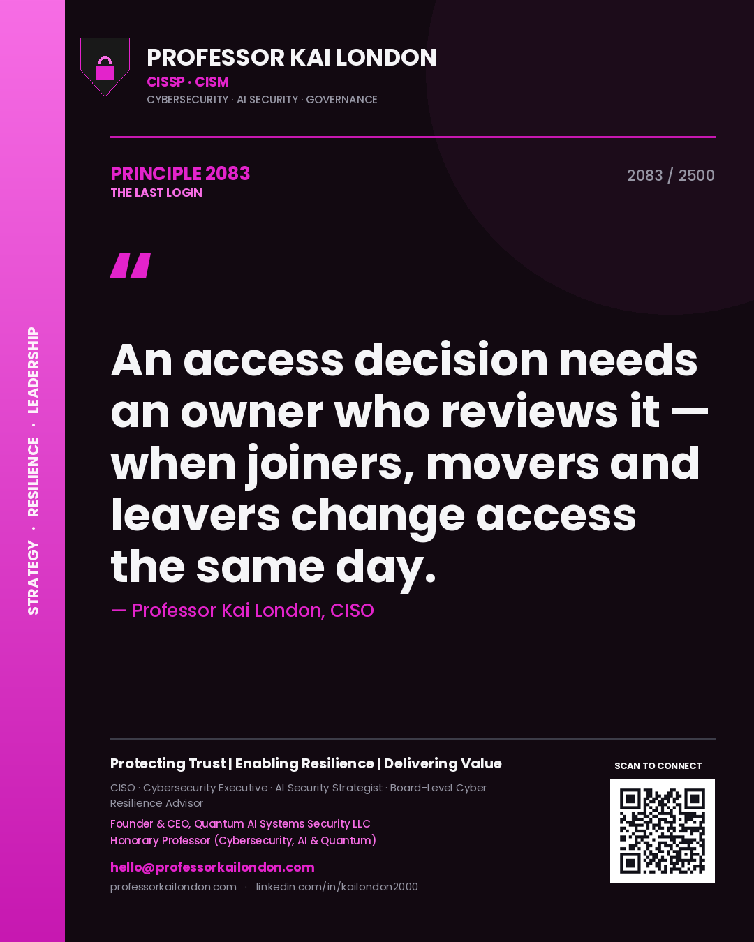 Professor Kai London principle 2083: An access decision needs an owner who reviews it — when joiners, movers and leavers change access the same day.