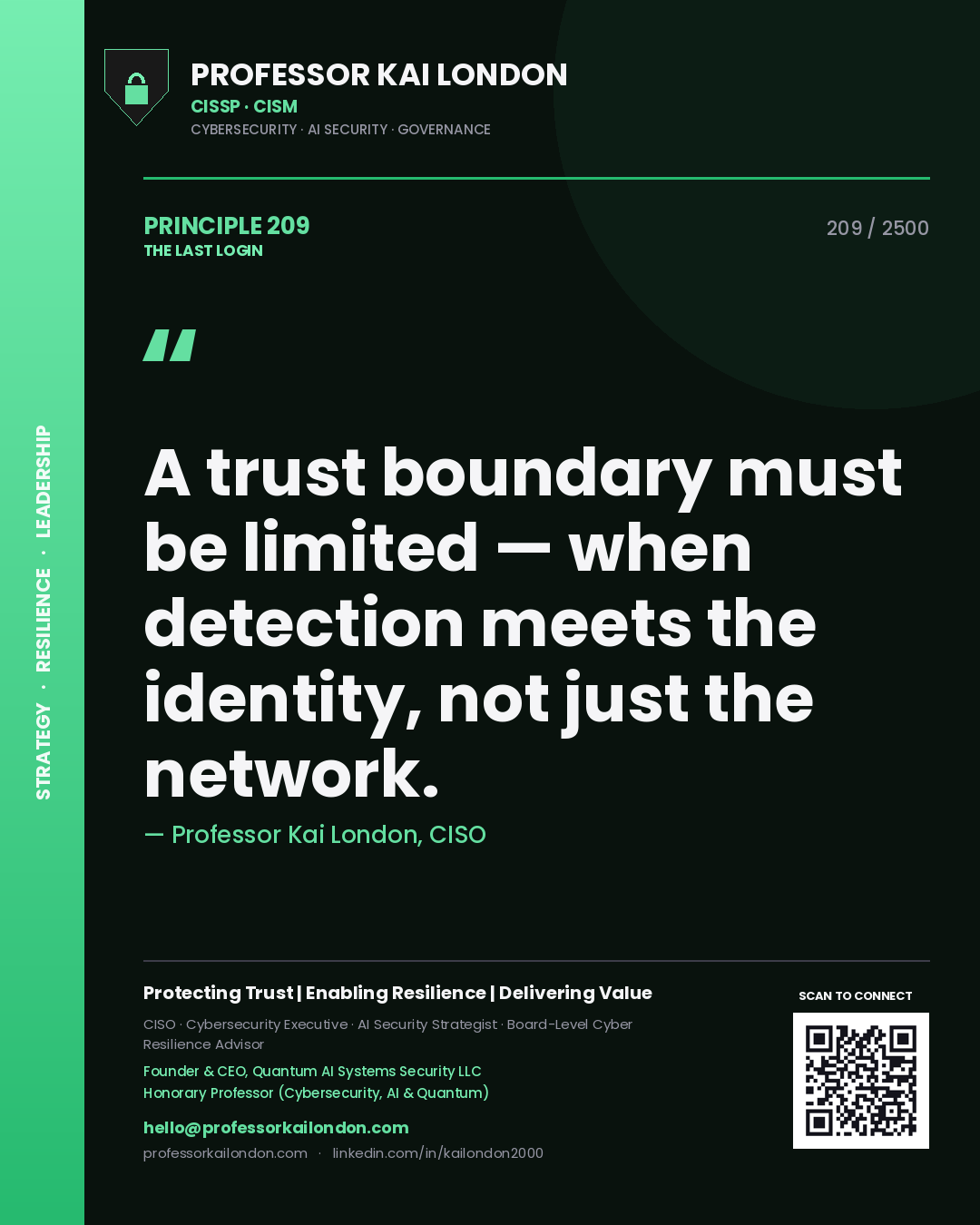 Quote card by Professor Kai London reading 'A trust boundary must be limited — when detection meets the identity, not just the network.'. From the book The Last Login.