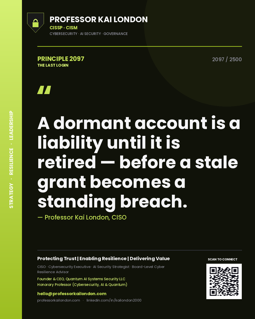 Quote card by Professor Kai London reading 'A dormant account is a liability until it is retired — before a stale grant becomes a standing breach.'. From the book The Last Login.