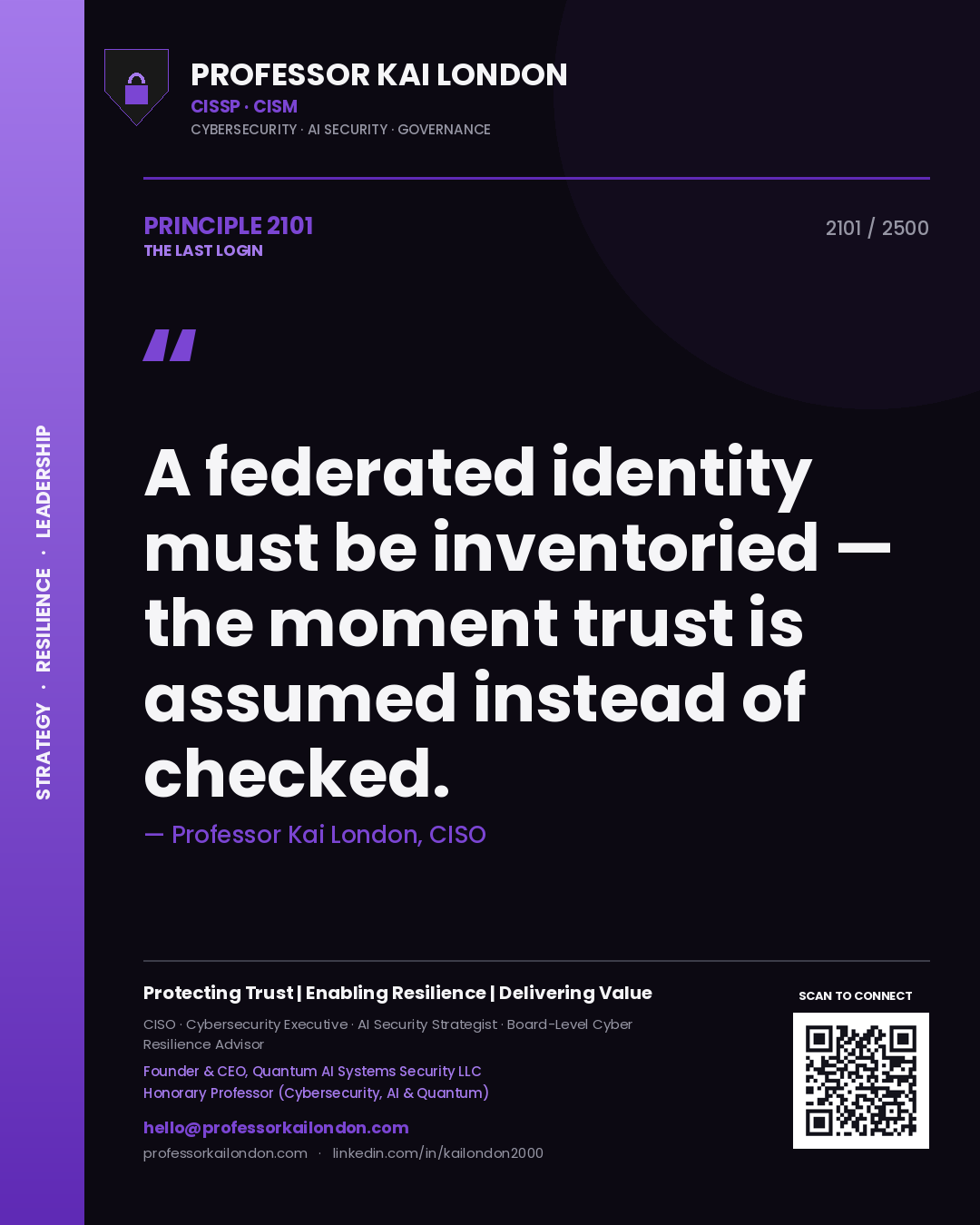 Professor Kai London principle 2101: A federated identity must be inventoried — the moment trust is assumed instead of checked.