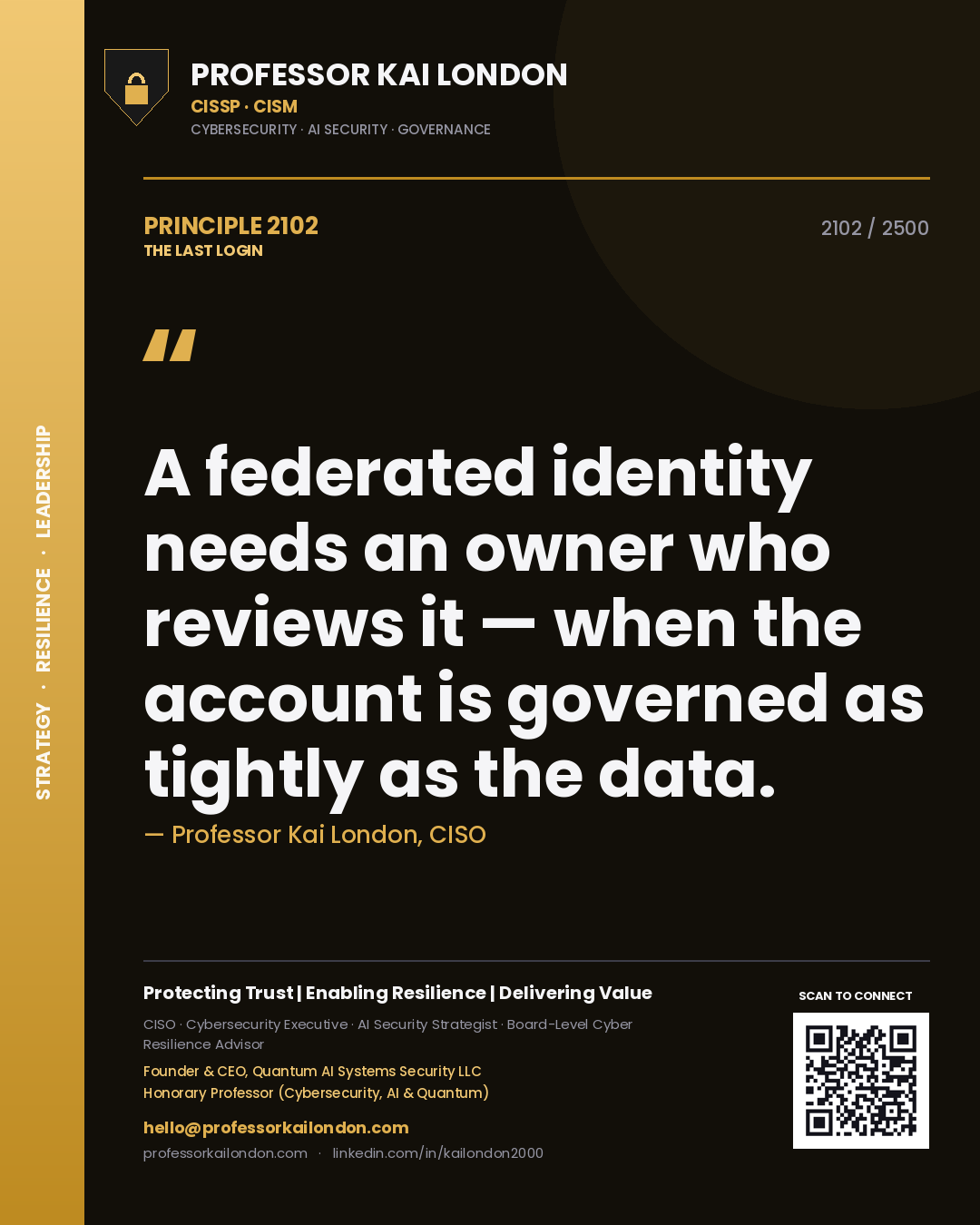 Quote card by Professor Kai London reading 'A federated identity needs an owner who reviews it — when the account is governed as tightly as the data.'. From the book The Last Login.